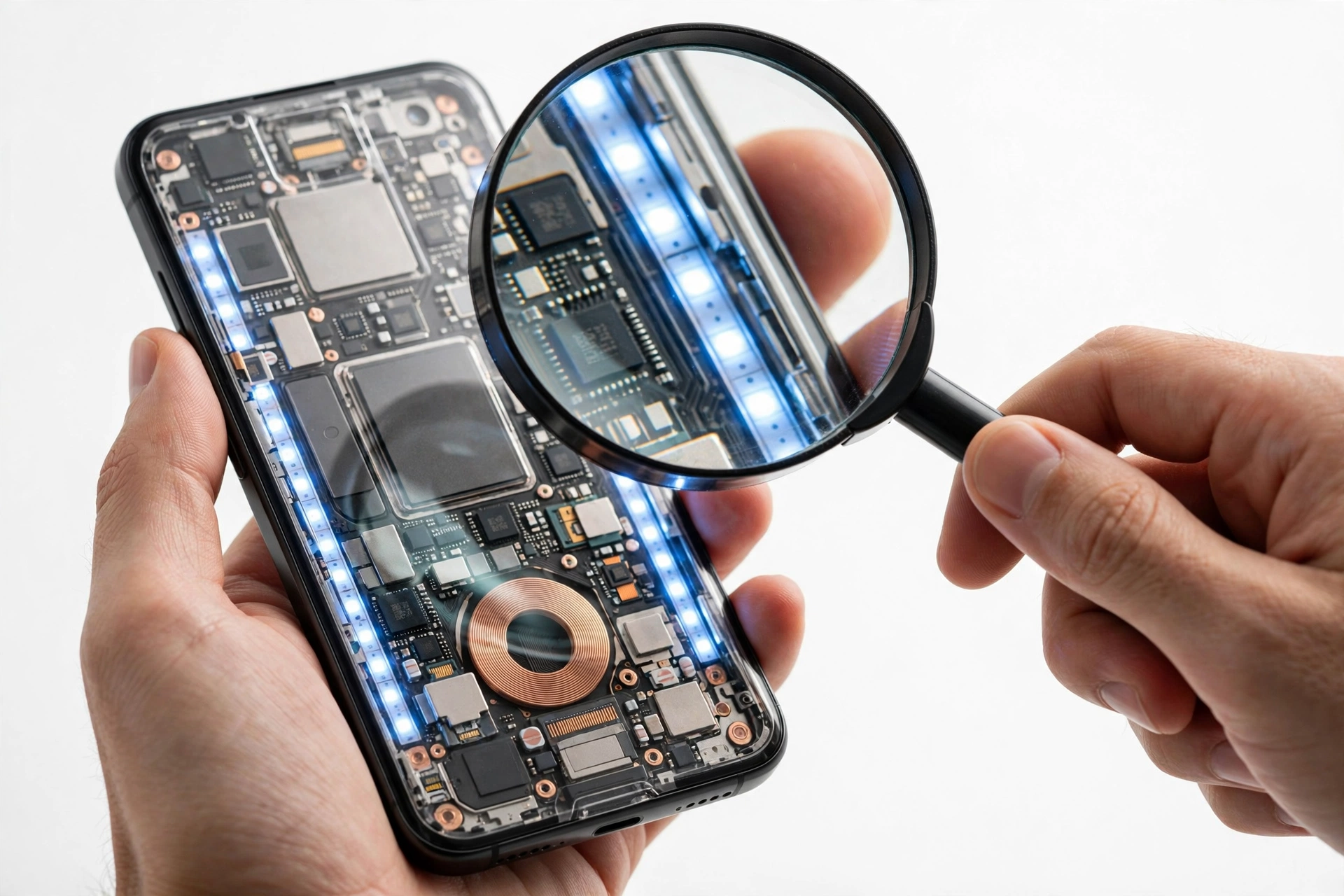 Hands examining a Nothing Phone style smartphone with a magnifying glass for authenticity verification