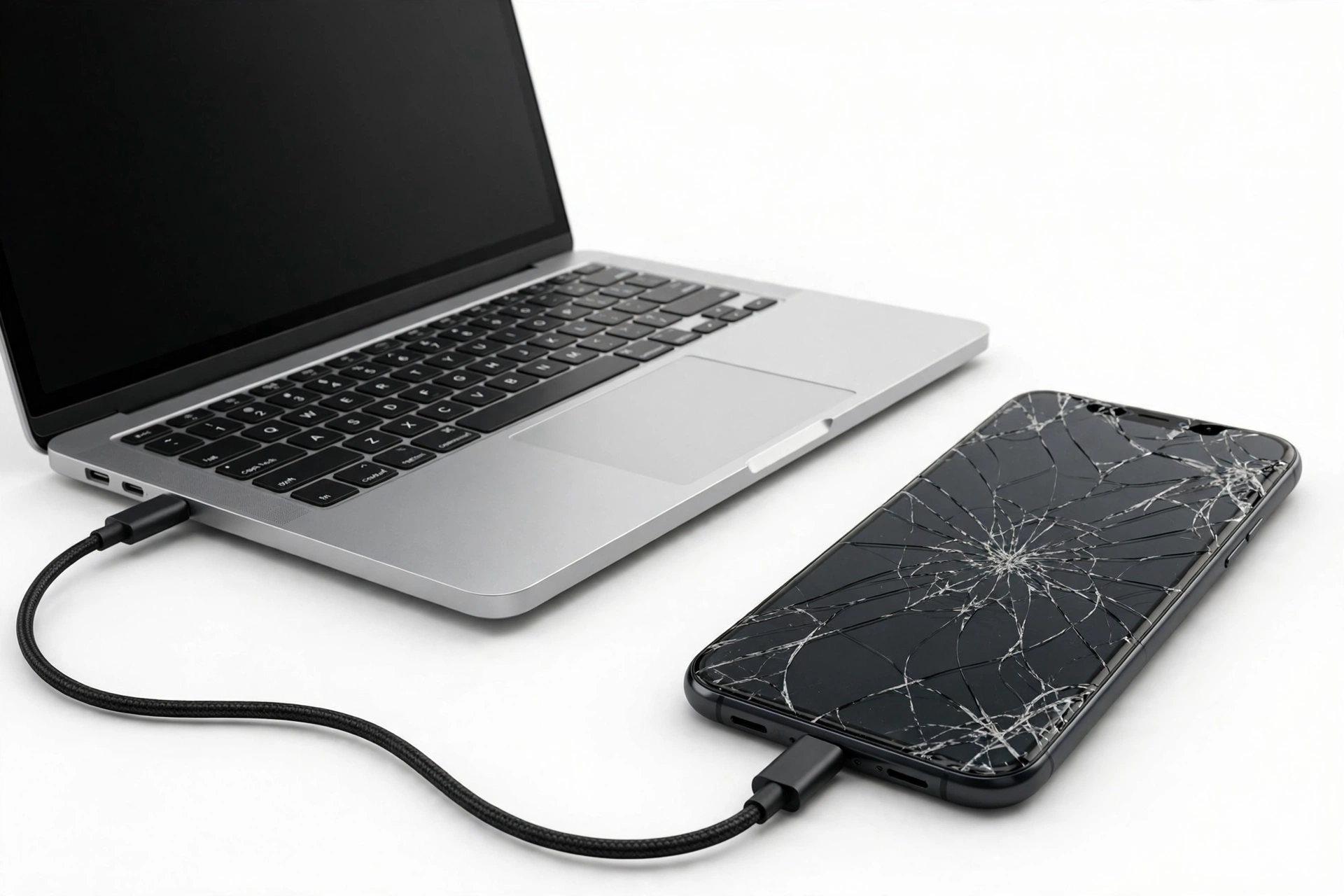 Broken smartphone with cracked screen connected to laptop for data recovery