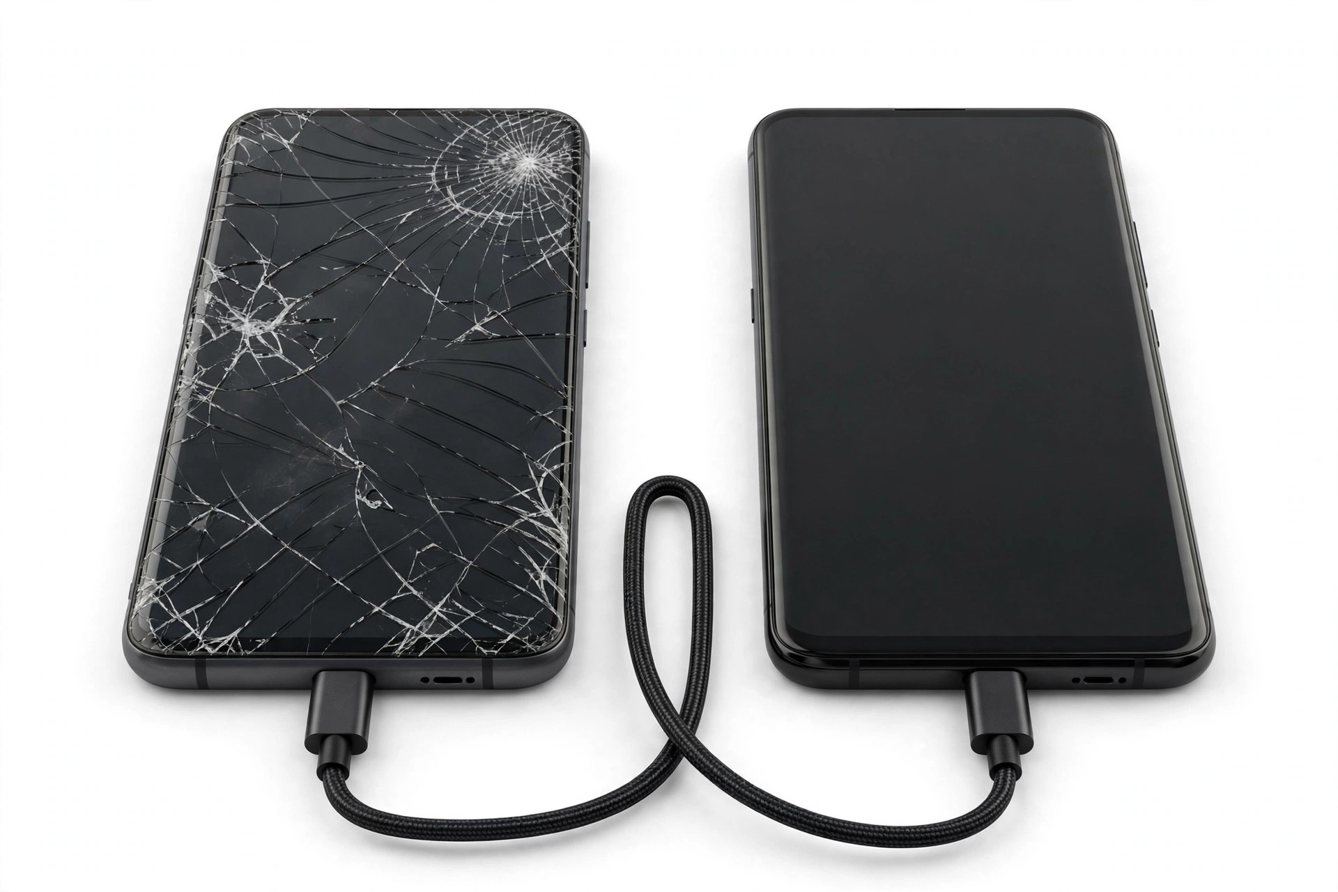 Two smartphones connected by USB cable transferring data, one with cracked screen