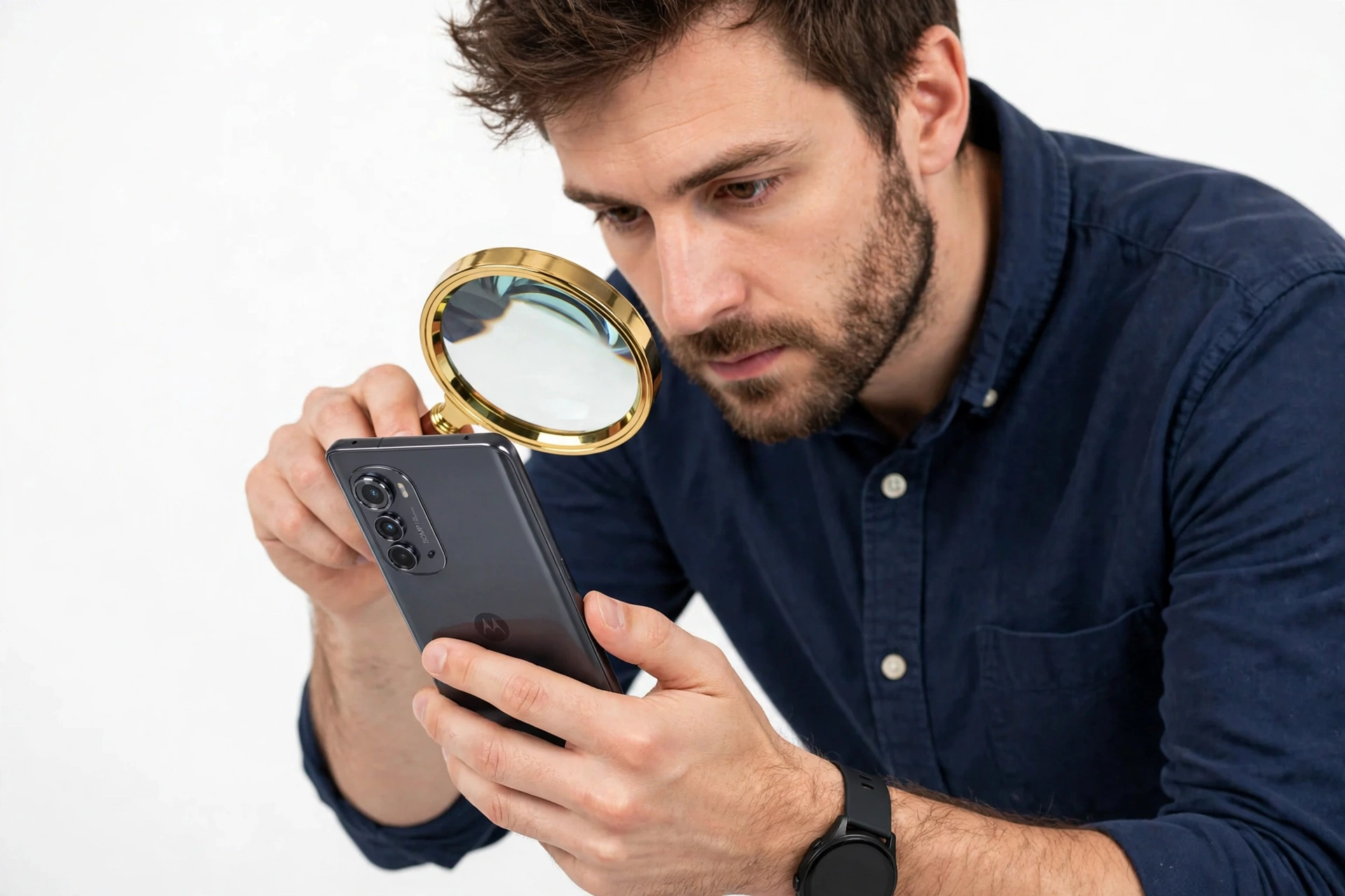 Person examining a premium smartphone with magnifying glass for authenticity check