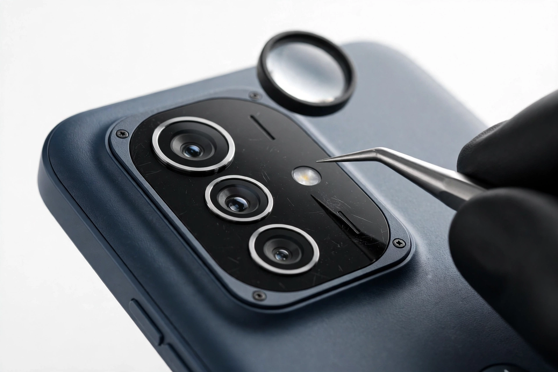 Close-up of smartphone rear camera module being inspected after a software update