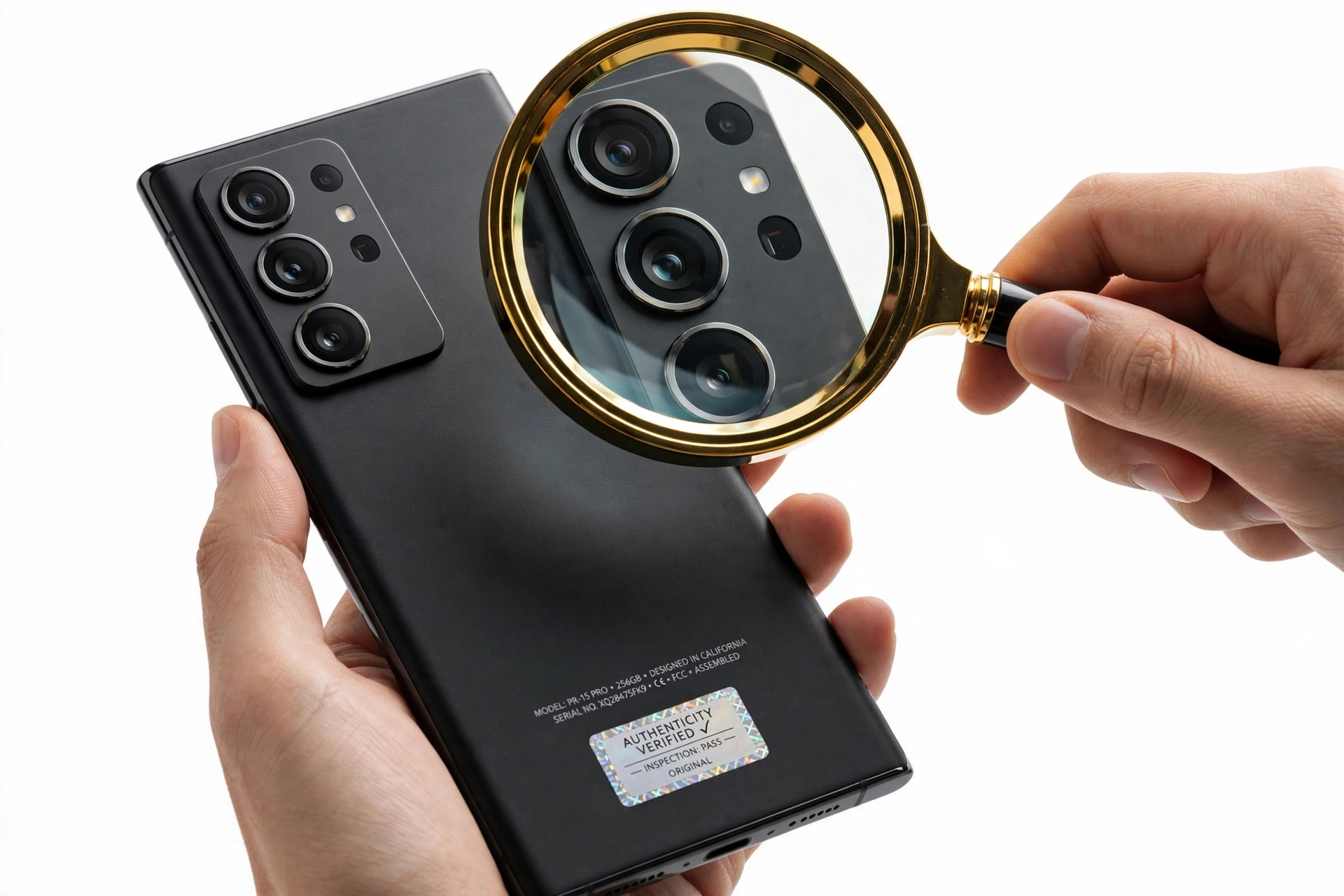 Premium flagship smartphone examined with a magnifying glass for authenticity