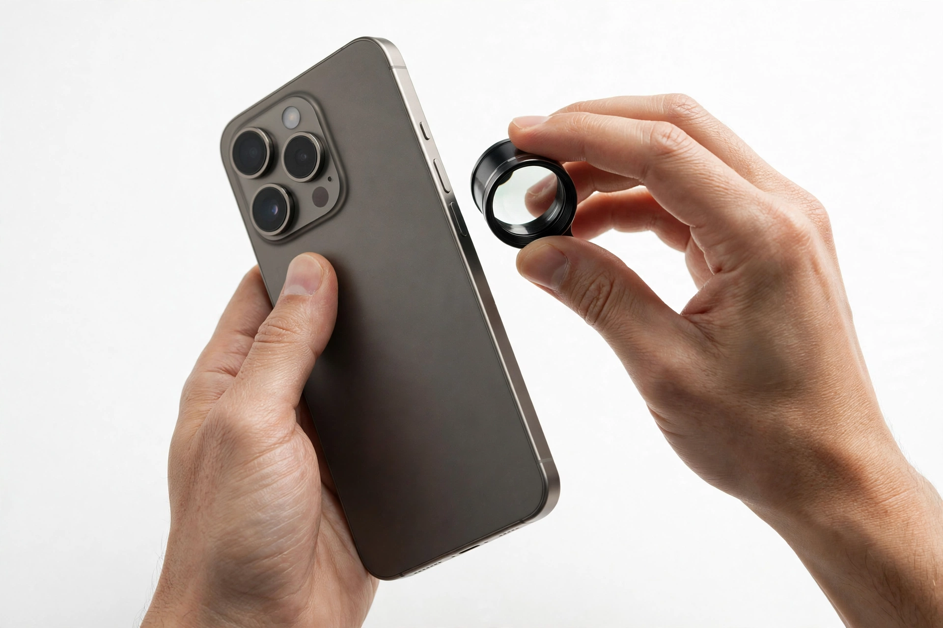 Hands examining a premium smartphone closely, checking authenticity details