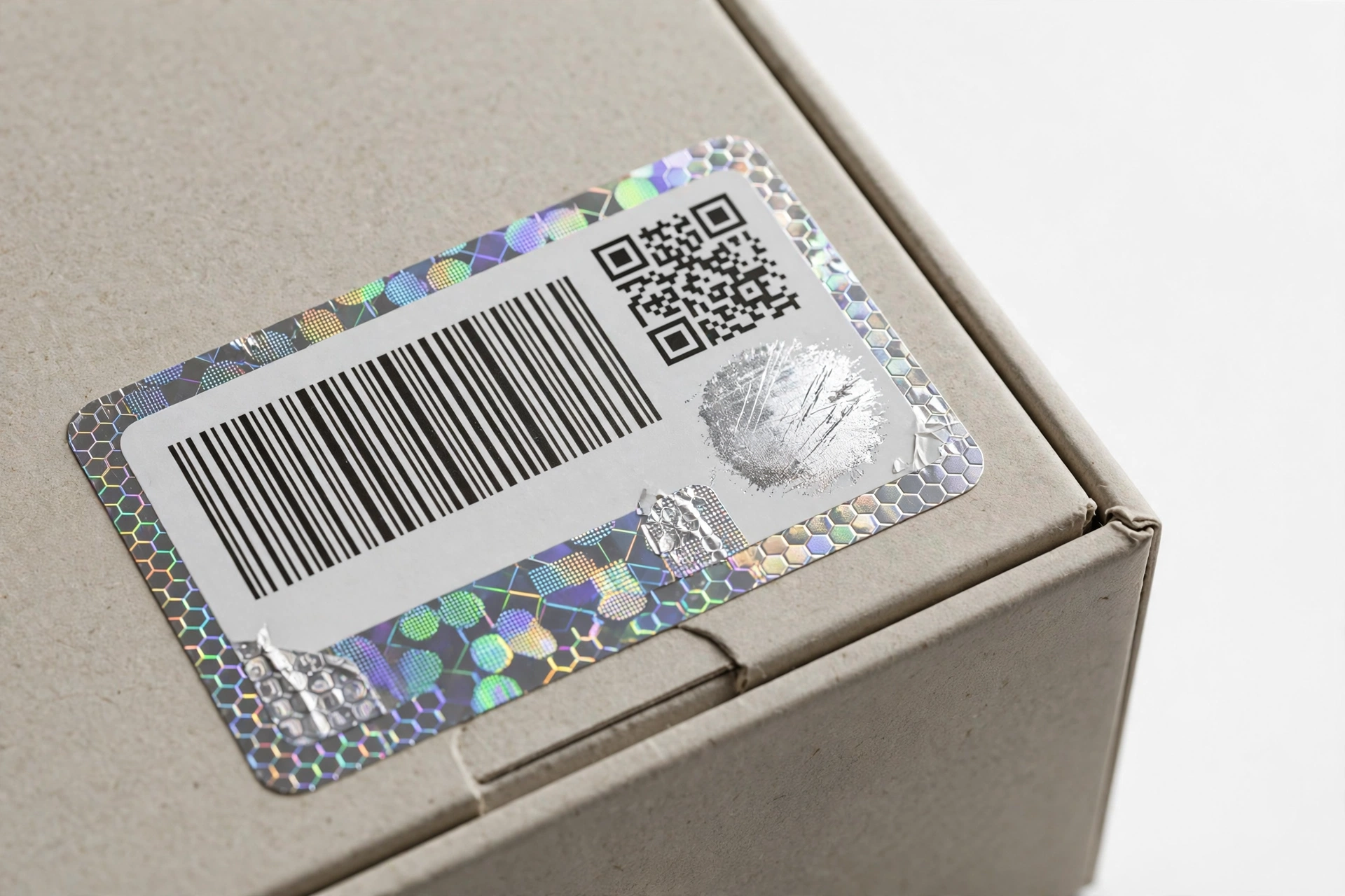A smartphone box with serial number verification label close-up