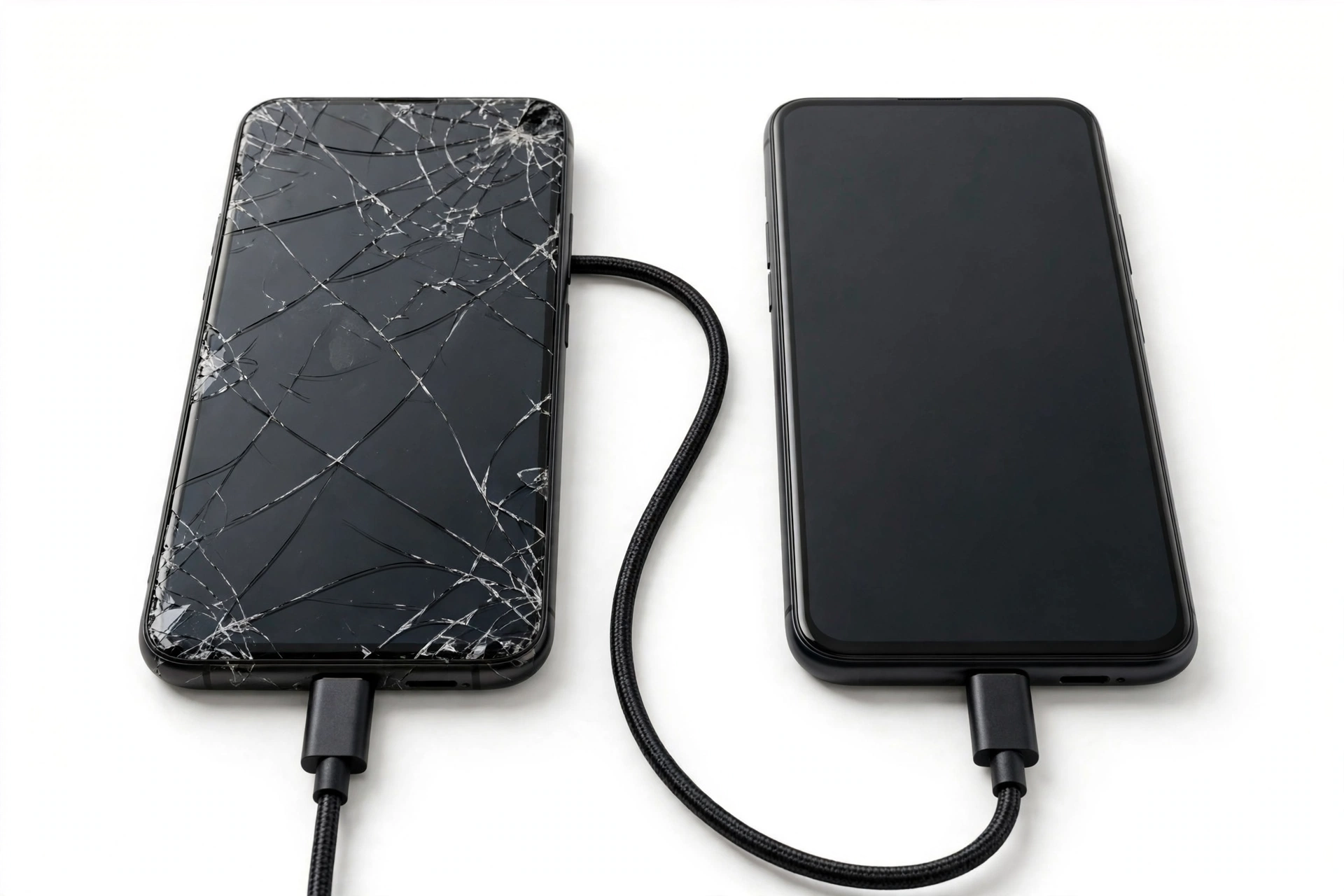 Two smartphones connected by USB cable transferring data, one with cracked screen