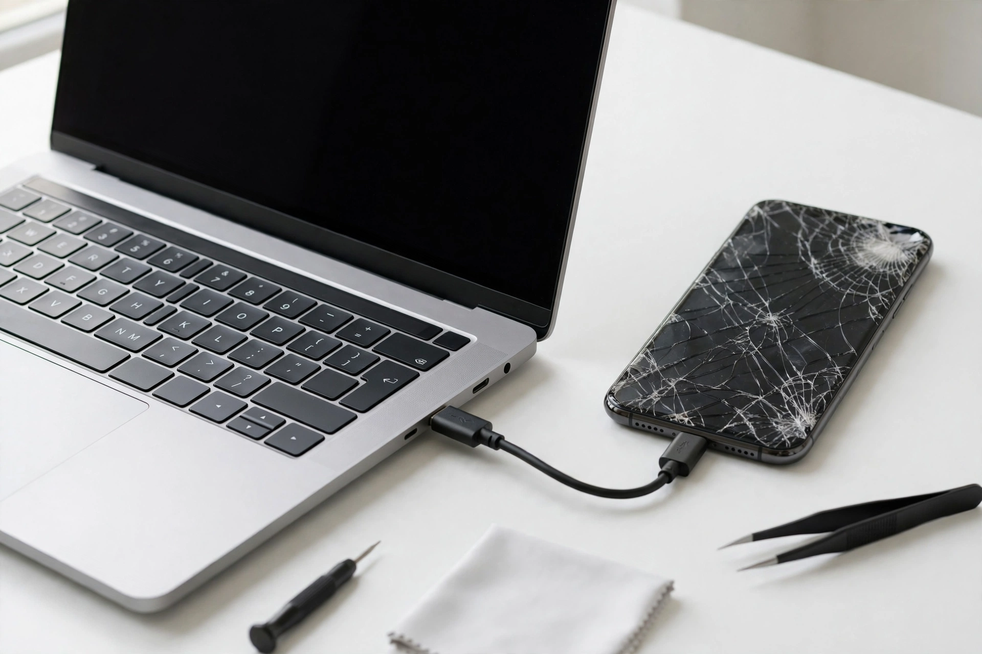 Broken smartphone with cracked screen connected to laptop for data recovery