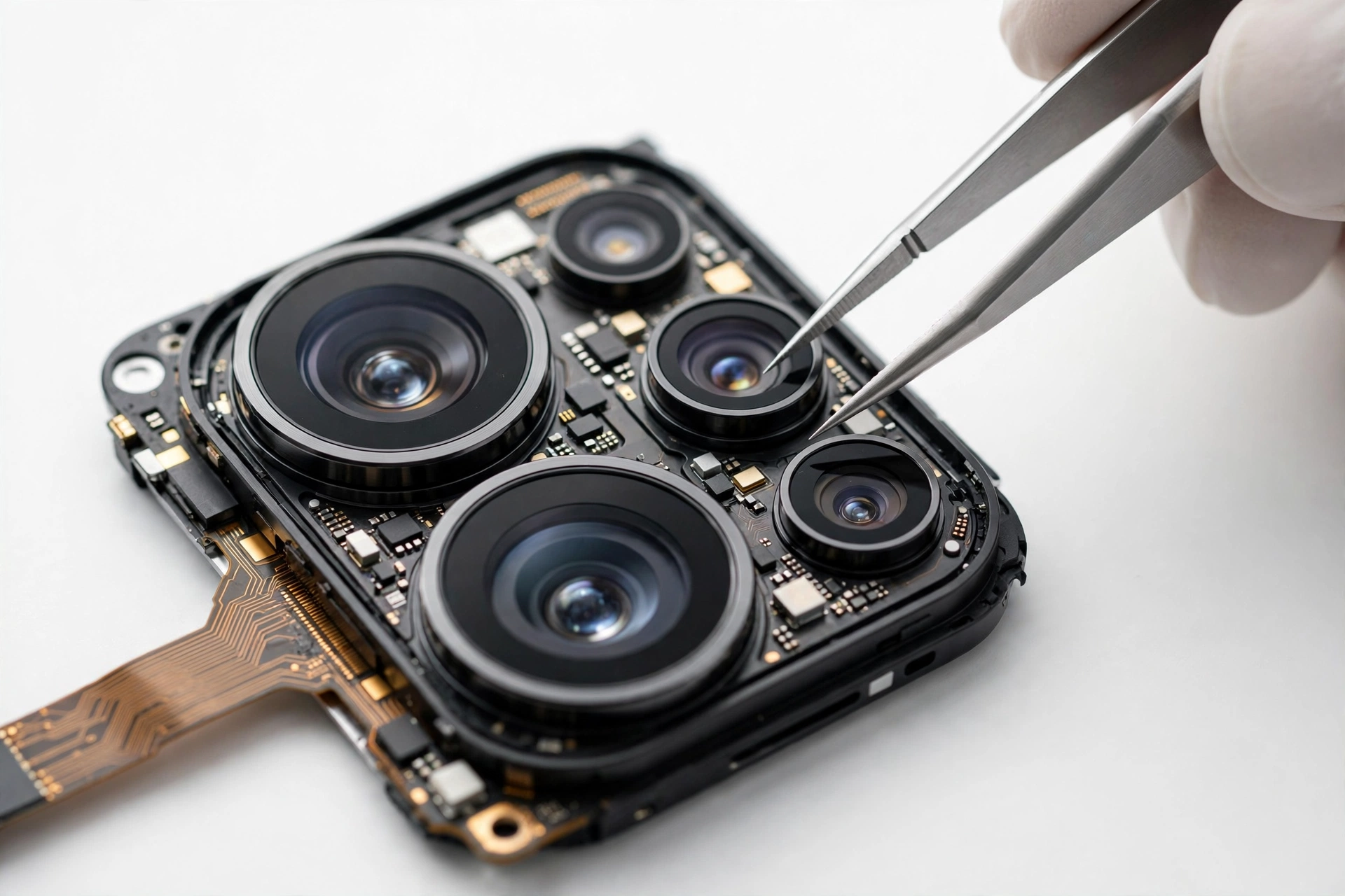 Close-up of a smartphone rear camera module being inspected