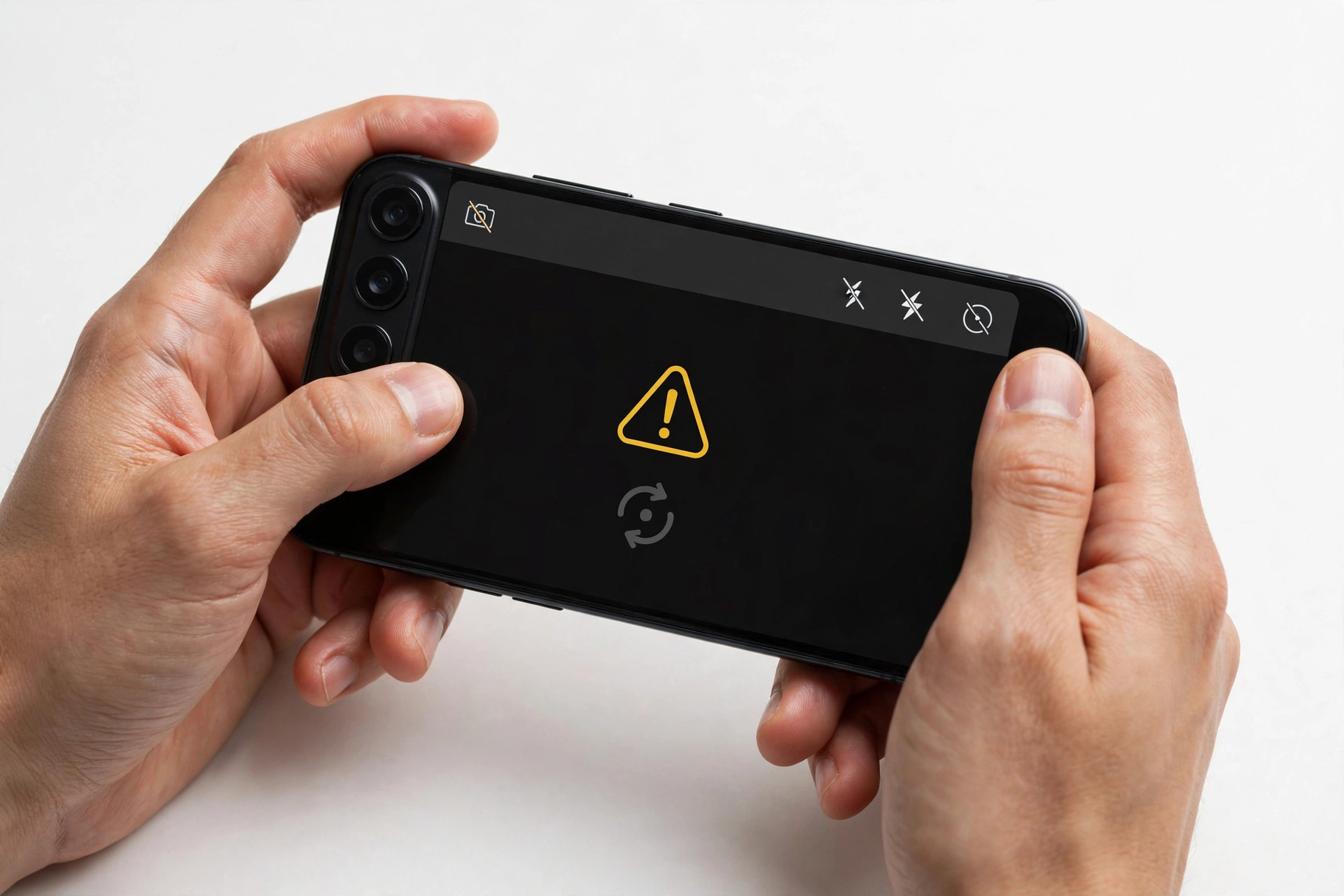 Hands holding a smartphone with camera app open, troubleshooting