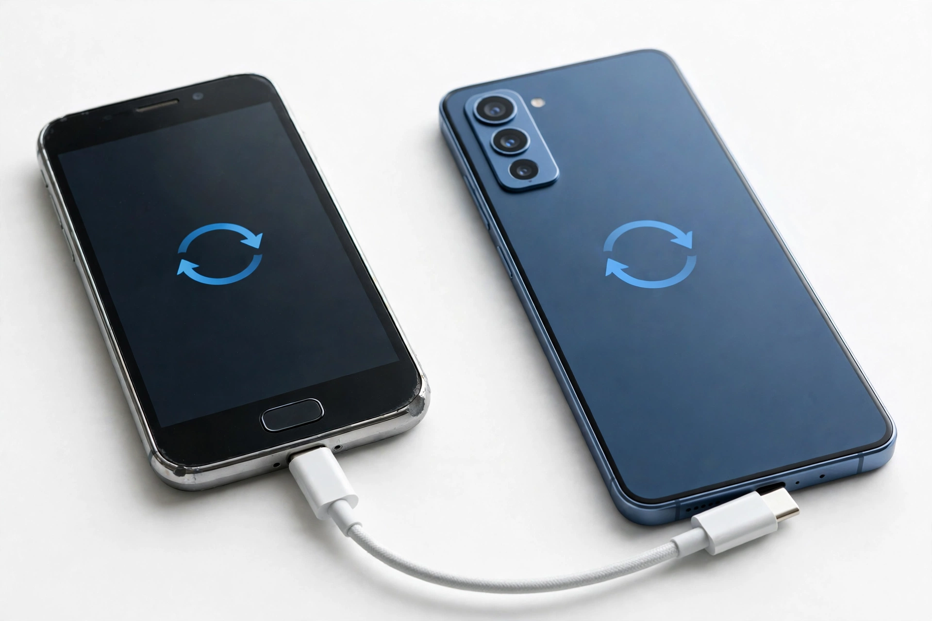 Two smartphones connected by USB cable, data transfer in progress
