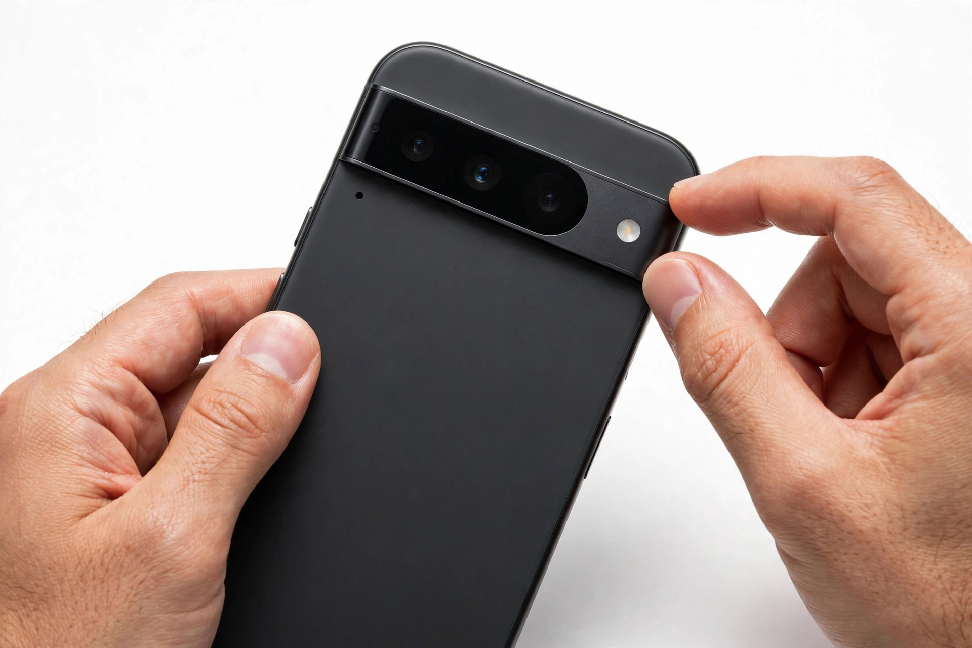 Pixel-style smartphone with camera bar being examined for authenticity