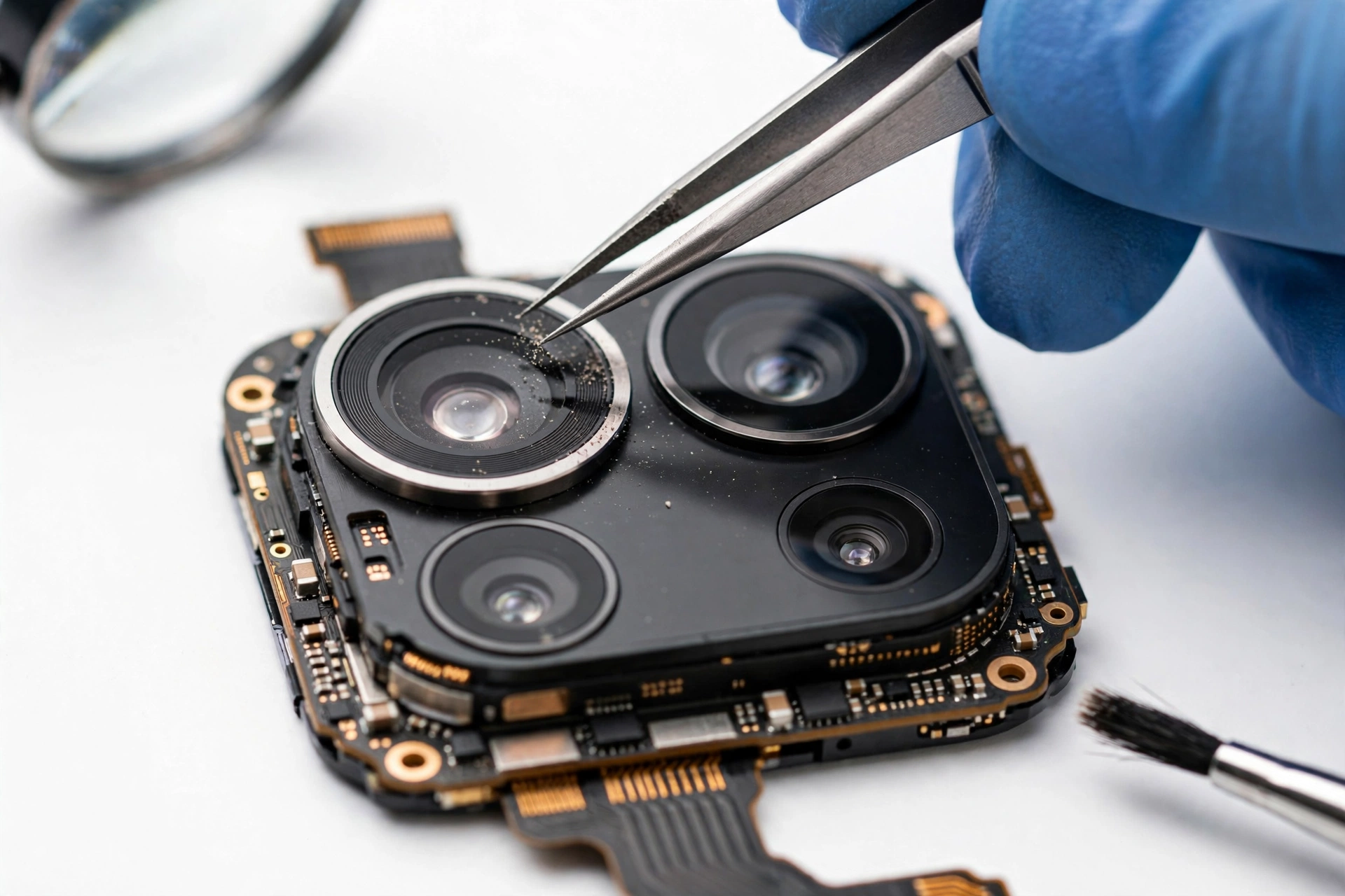 Close-up of a smartphone rear camera module being inspected for issues
