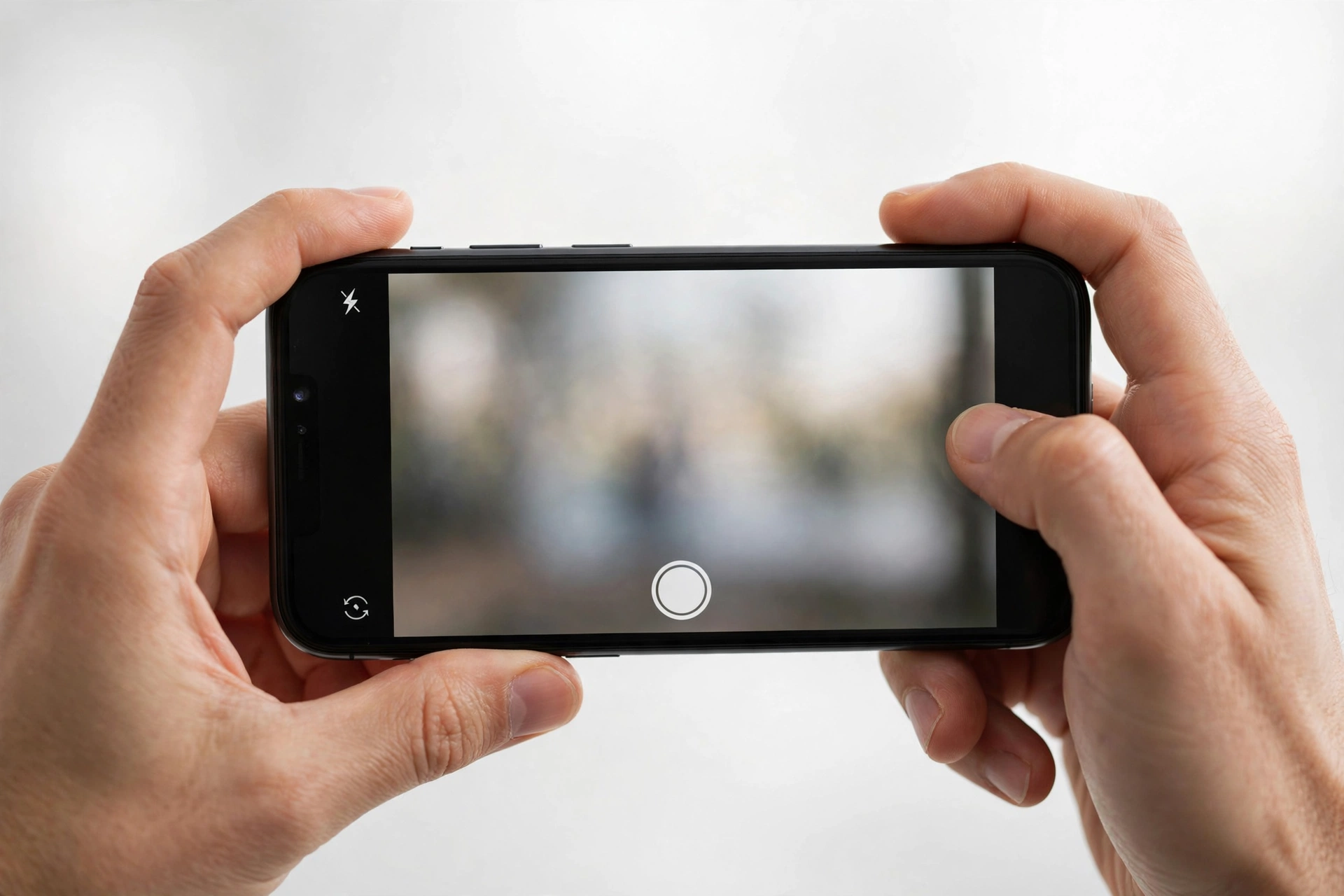 Hands holding a smartphone with the camera app open, testing the camera