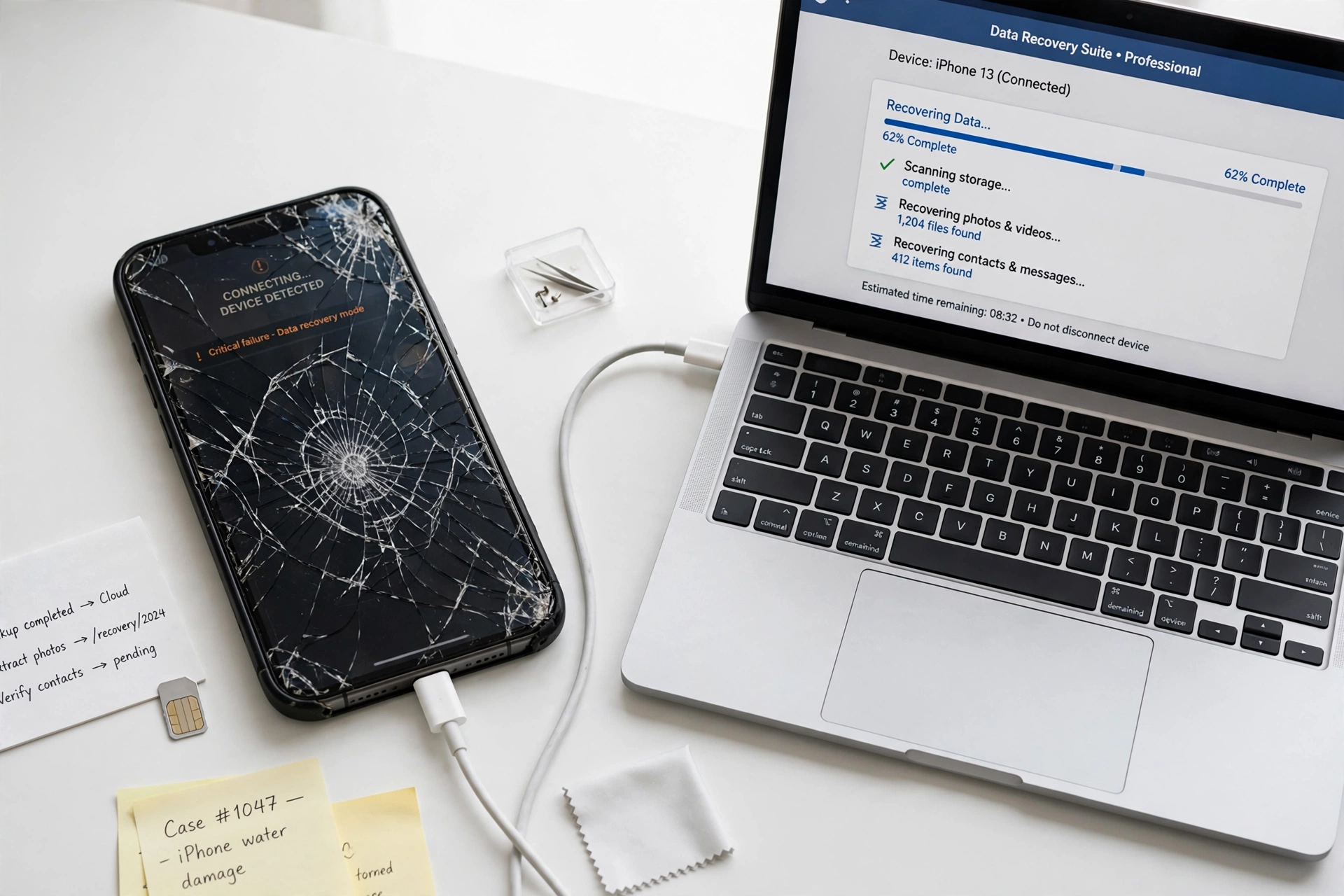 Broken smartphone with cracked screen connected to a laptop for data recovery