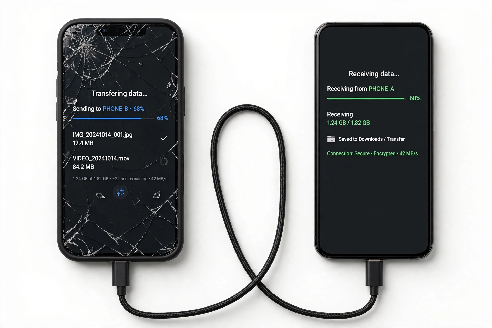 Two smartphones connected by USB cable transferring data