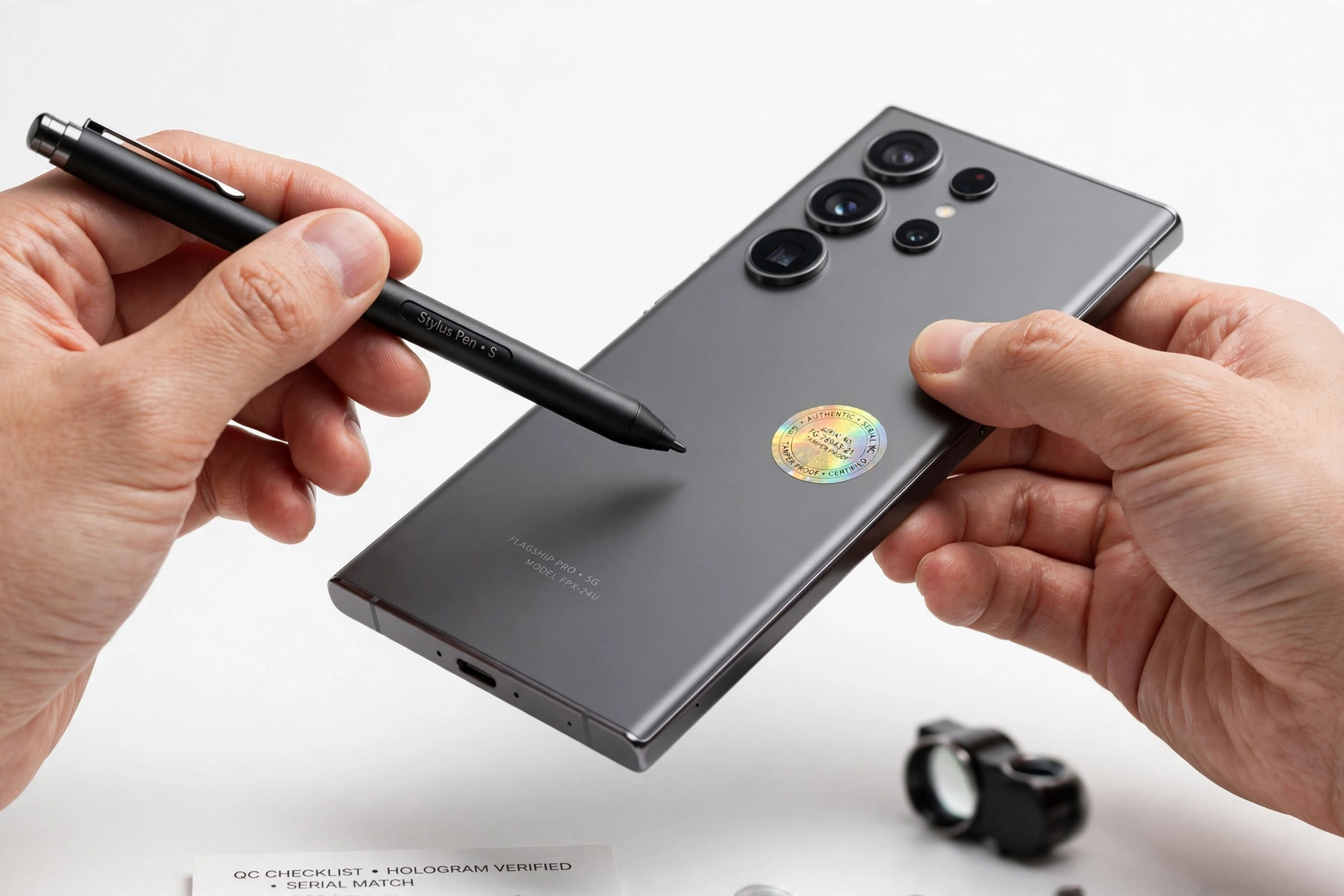Hands examining a large flagship smartphone with stylus pen for authenticity