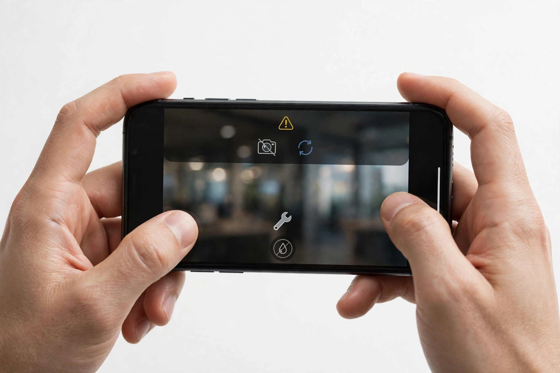 Hands holding a smartphone with the camera app open