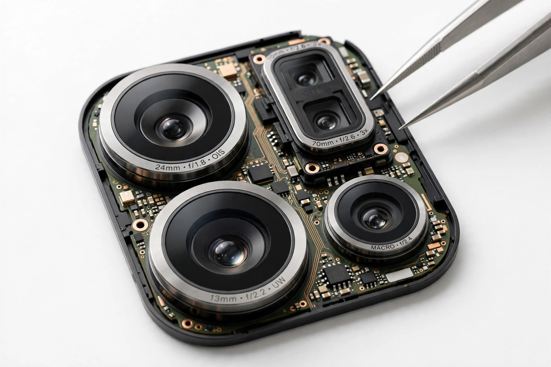 Close-up of a smartphone rear camera module with multiple lenses