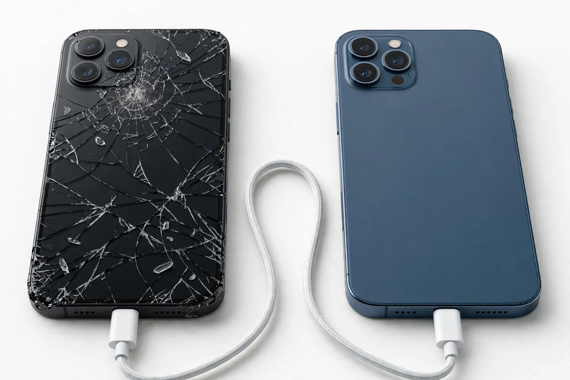 Two smartphones connected by USB cable for data transfer, one with cracked screen