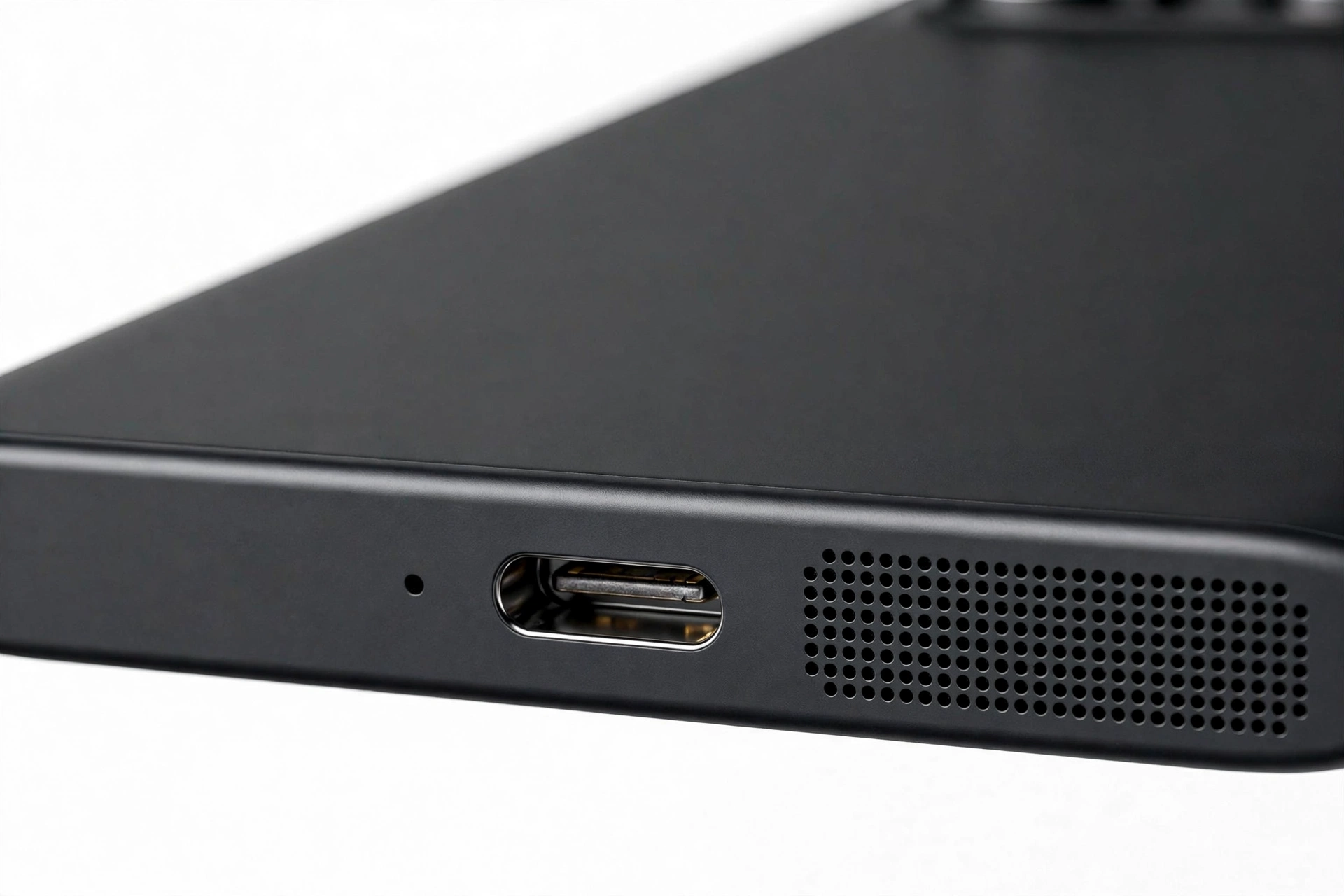 Close-up macro of smartphone bottom edge speaker grille