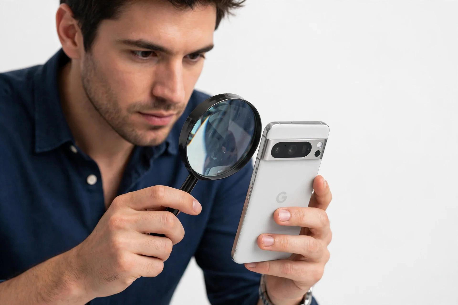 Person examining Google Pixel style smartphone with magnifying glass for authenticity check