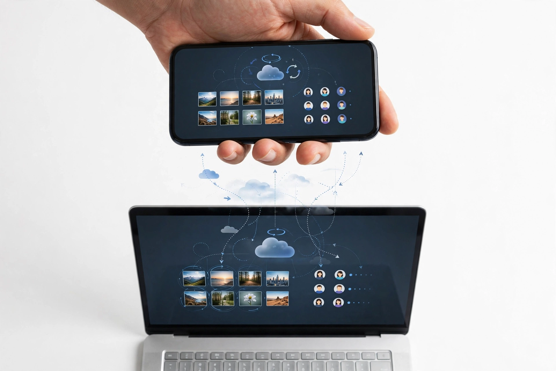 Syncing photos and contacts between a phone and laptop for data transfer