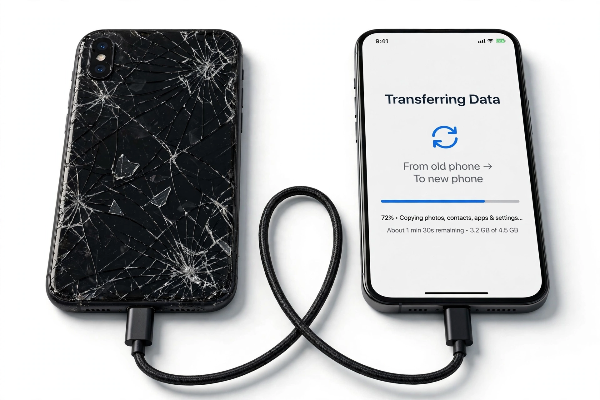 Two smartphones connected by cable transferring data from old to new phone