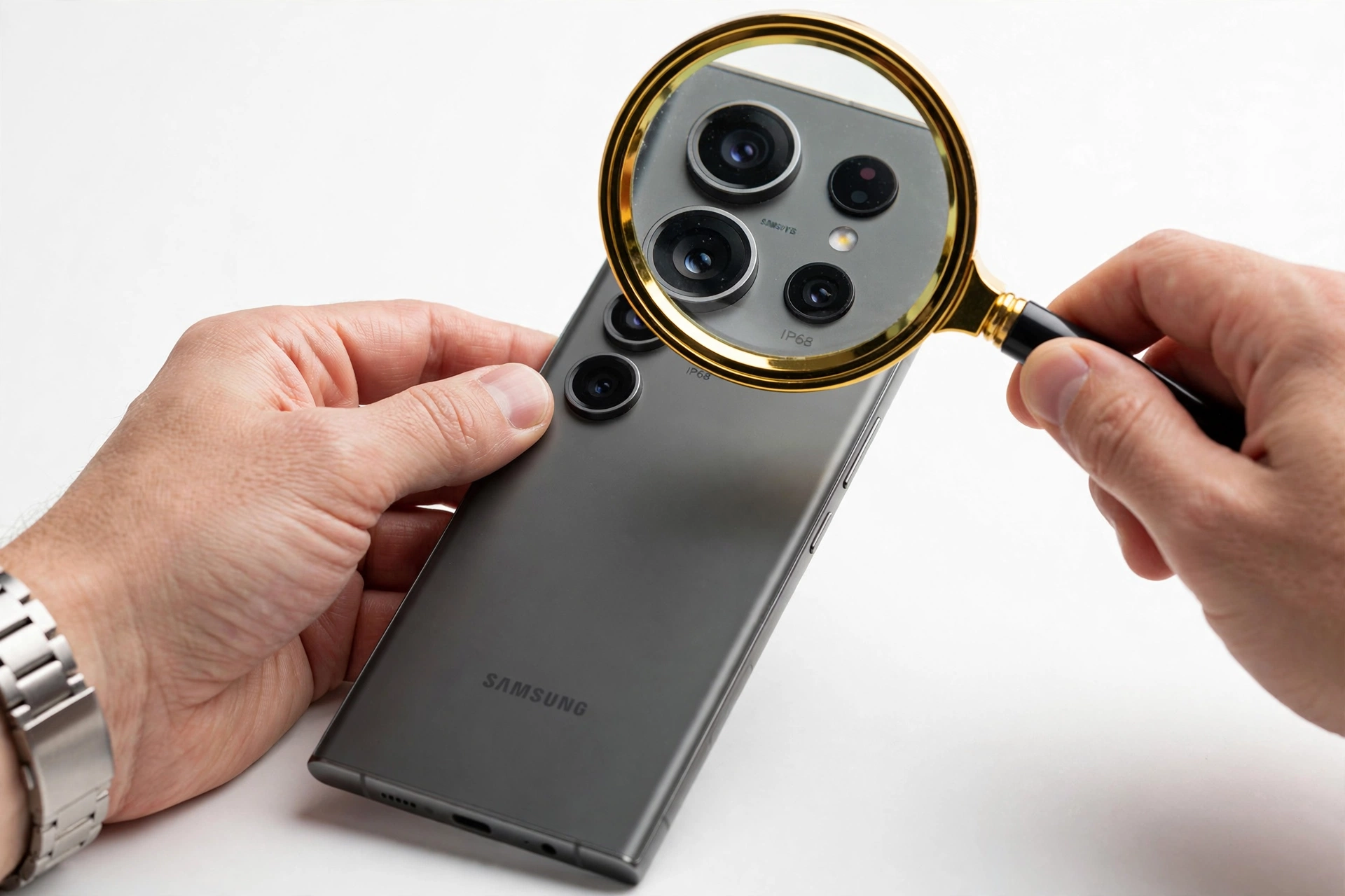 Examining a smartphone with a magnifying glass for authenticity