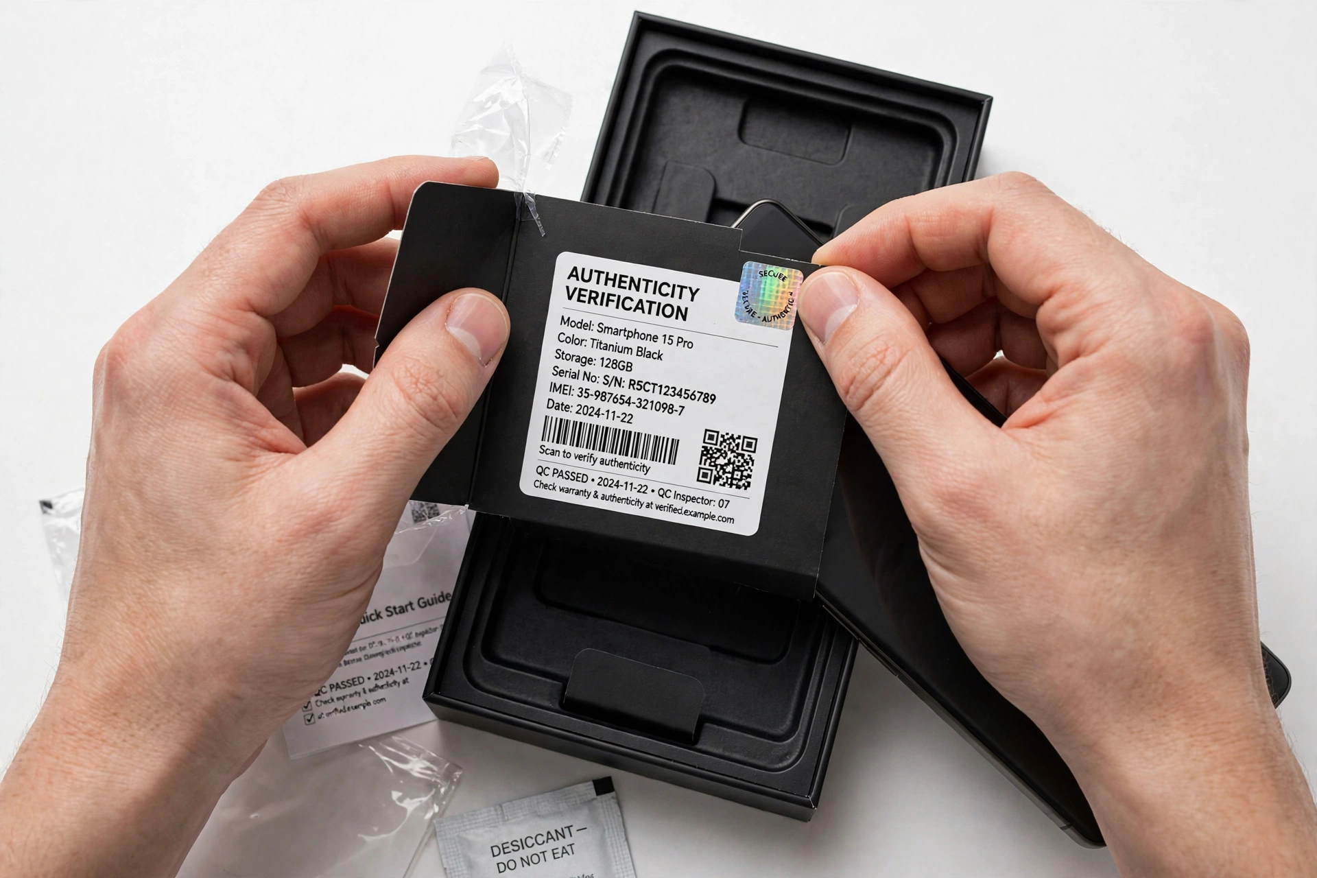 Unboxing a smartphone and checking packaging labels for authenticity