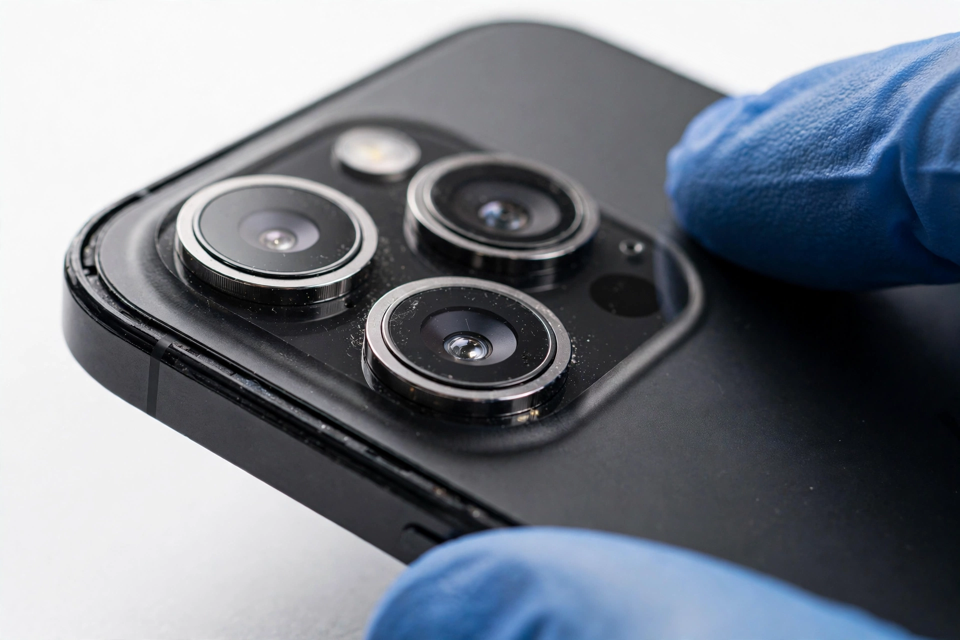 Technician inspecting a smartphone camera module for faults