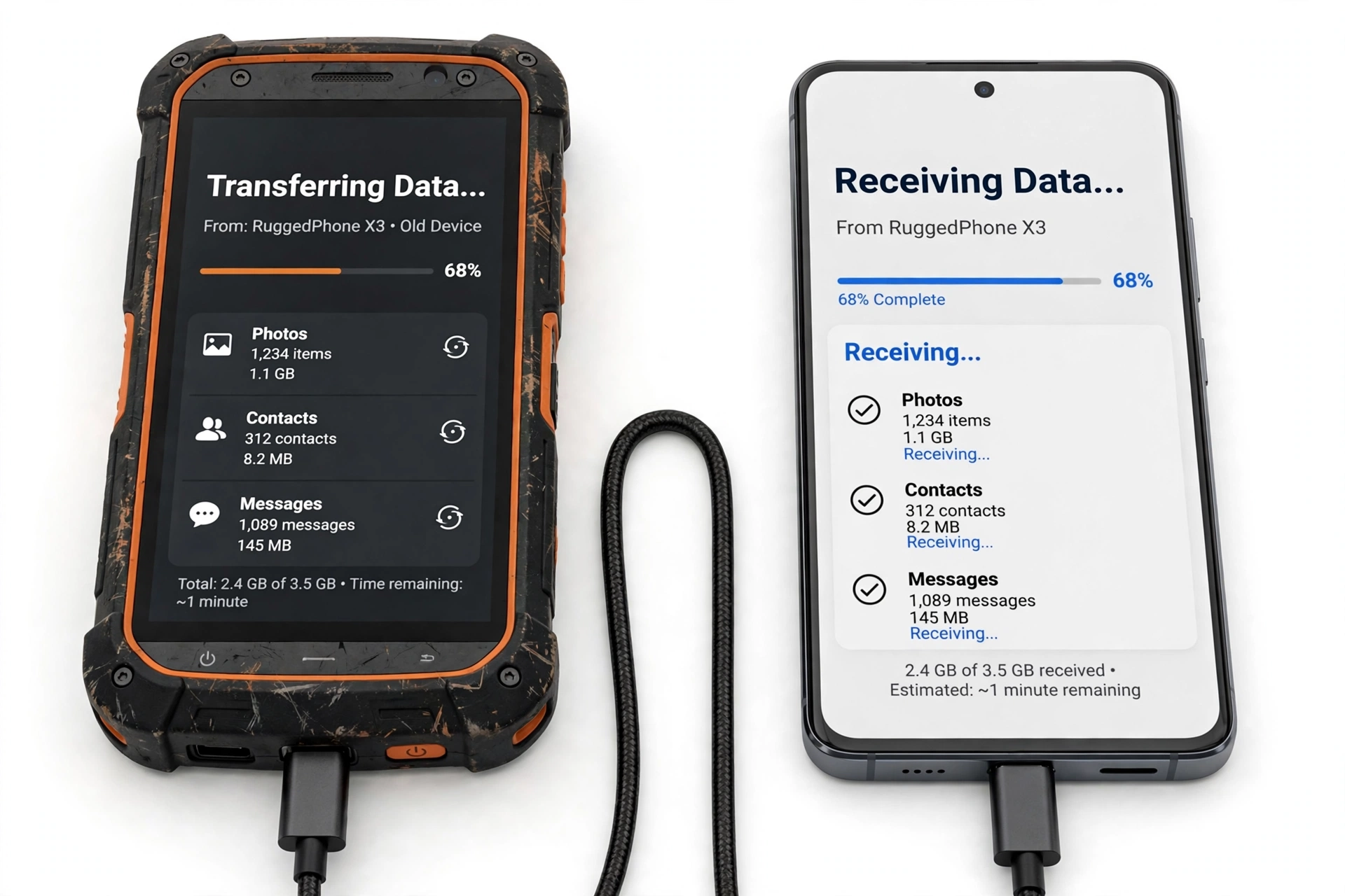Two smartphones side by side connected by a cable, transferring data from an old phone to a new phone