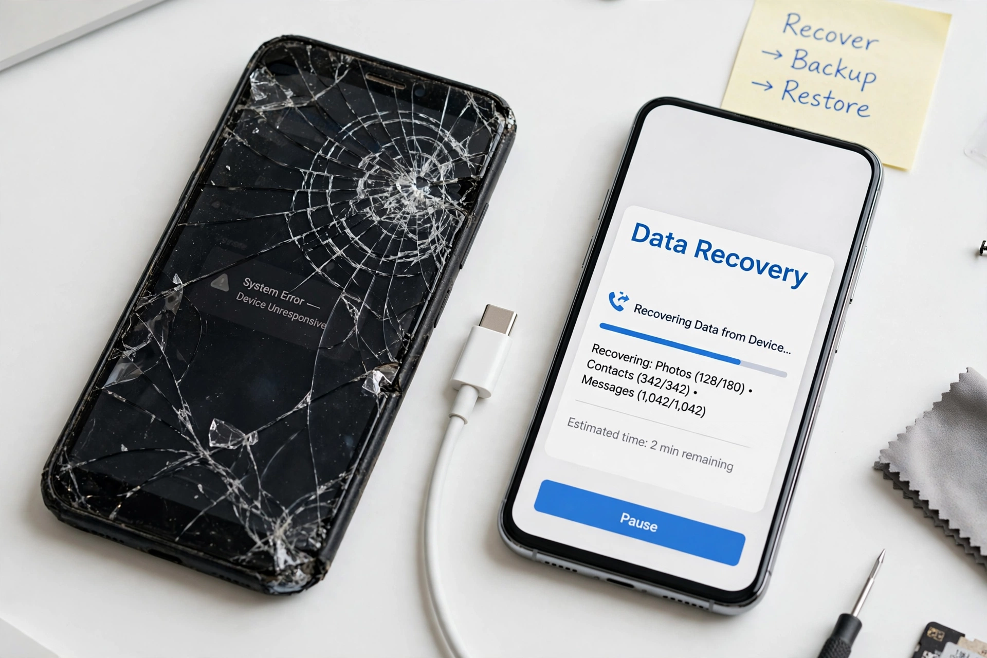 Cracked-screen broken smartphone next to a new intact smartphone on a desk, data recovery concept