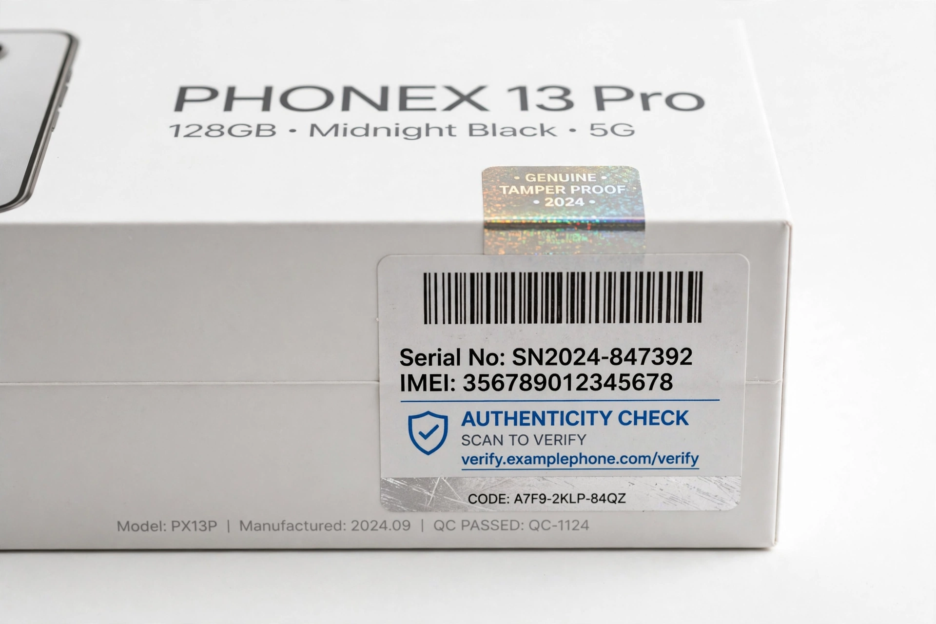 Smartphone retail box with barcode and serial number sticker for authenticity check