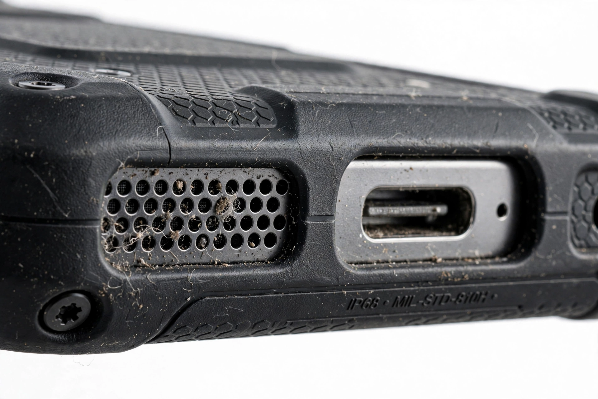 Close-up of a rugged smartphone speaker grille being inspected for a speaker problem