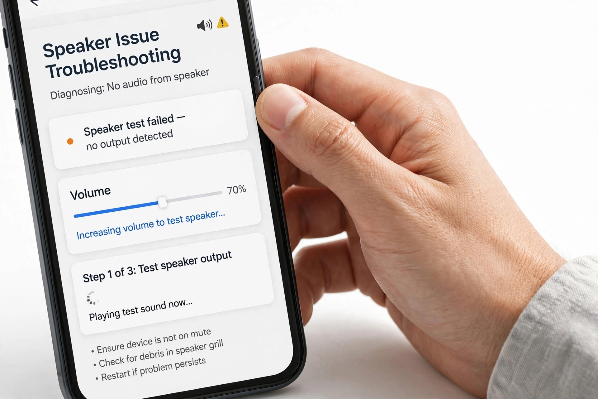 Hand adjusting the volume button on a smartphone to troubleshoot a speaker issue