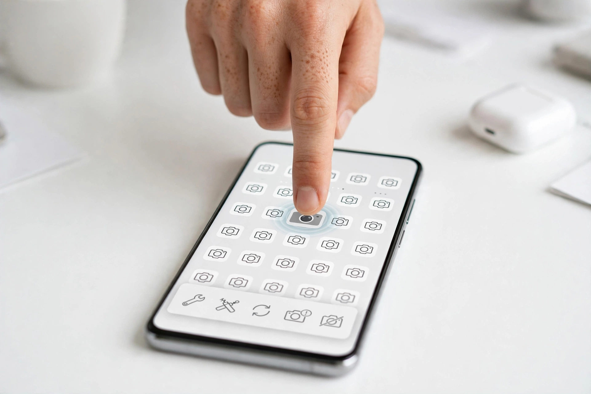 Hand tapping the camera app on a smartphone screen to troubleshoot a camera issue