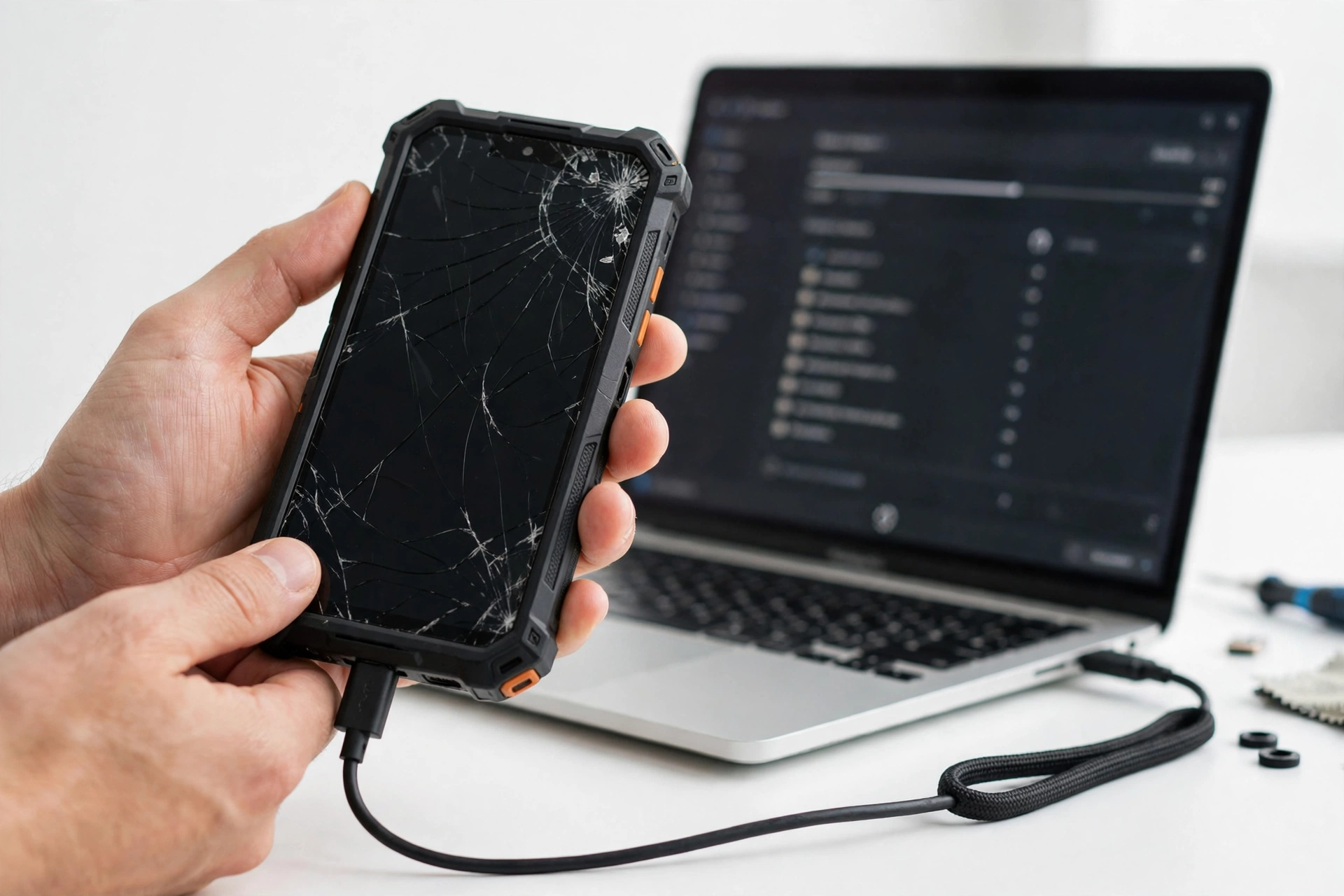 Broken phone connected to a laptop for data recovery