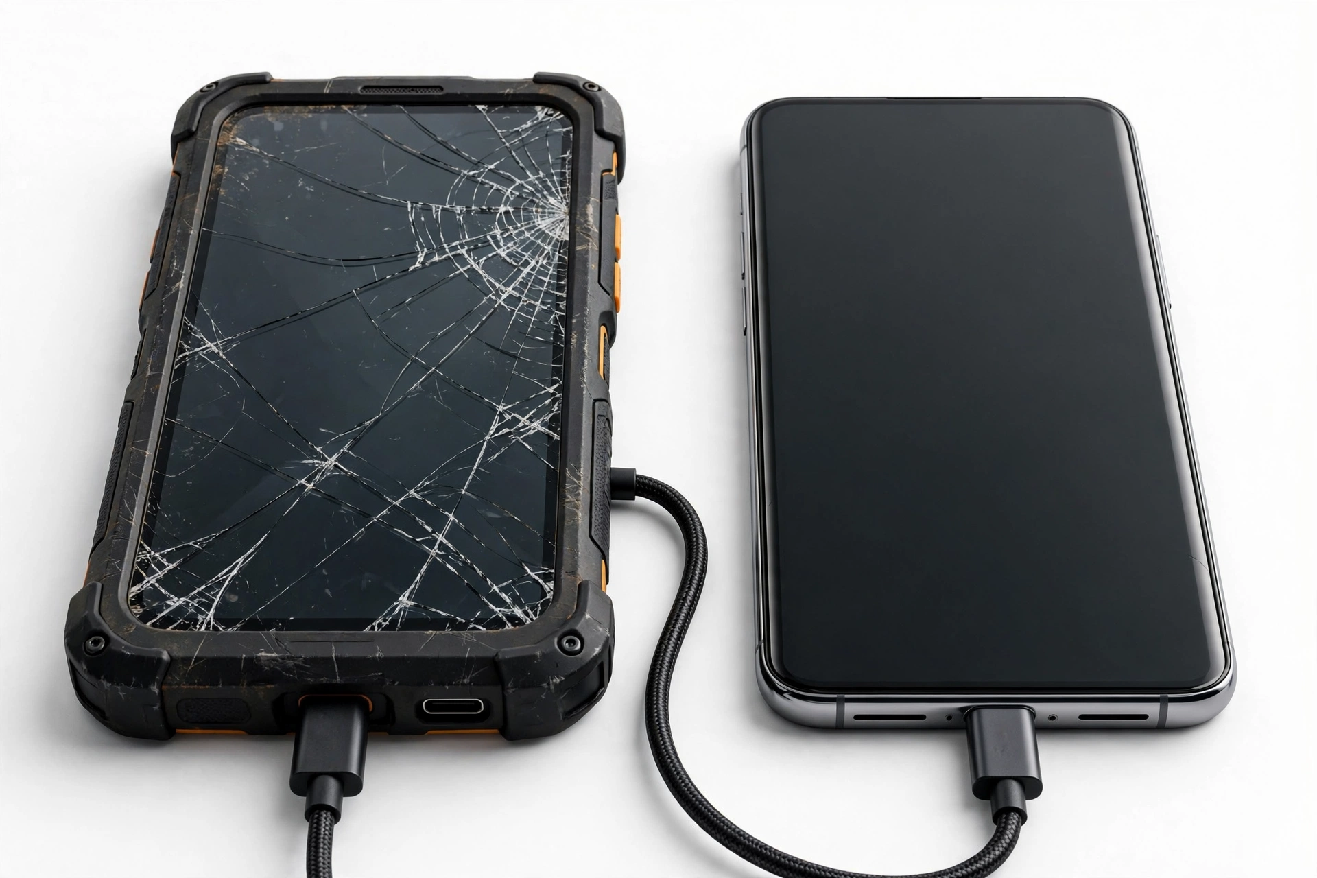 Broken rugged phone connected by cable to a new phone for data transfer