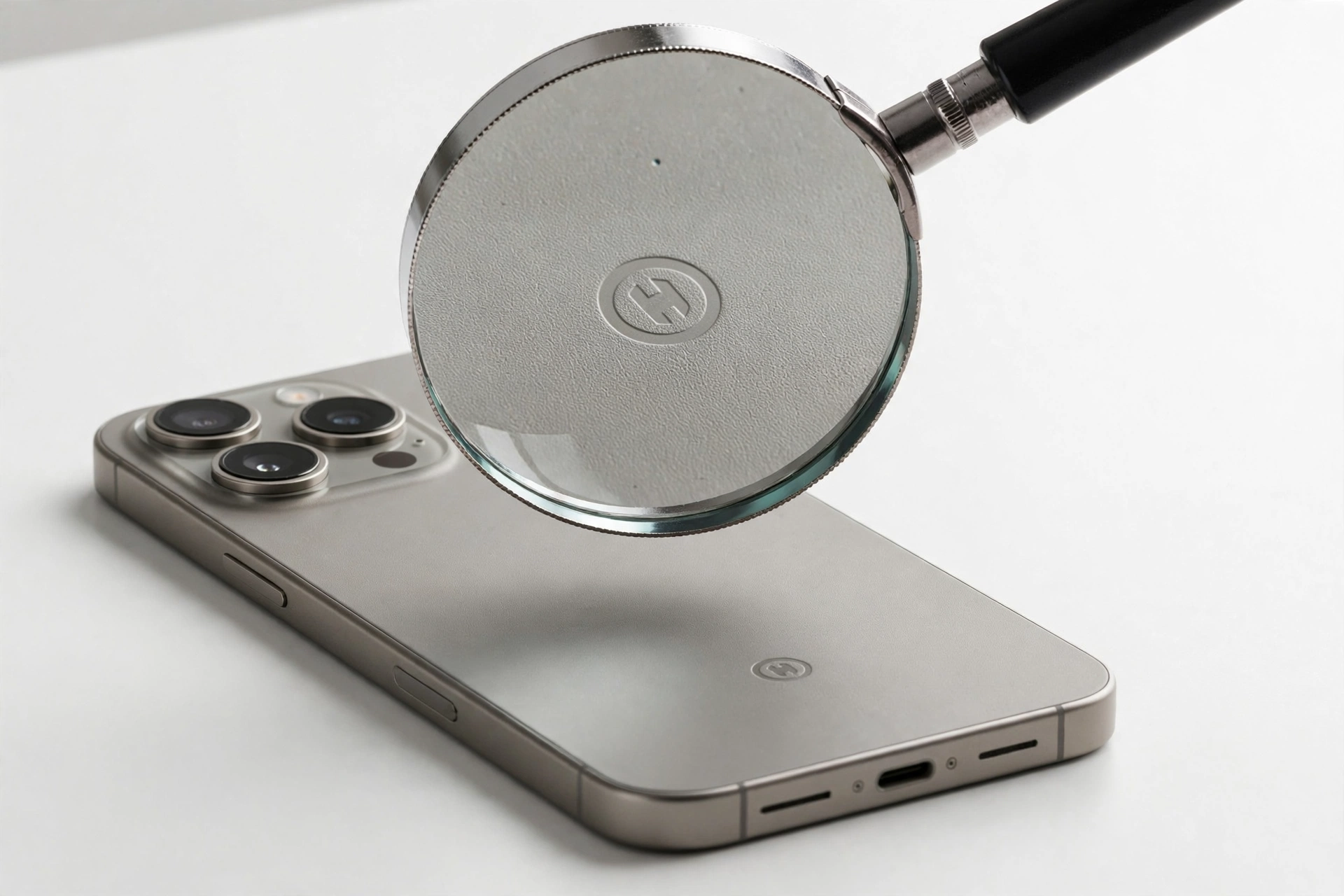 Magnifying glass inspecting a smartphone's build details for authenticity