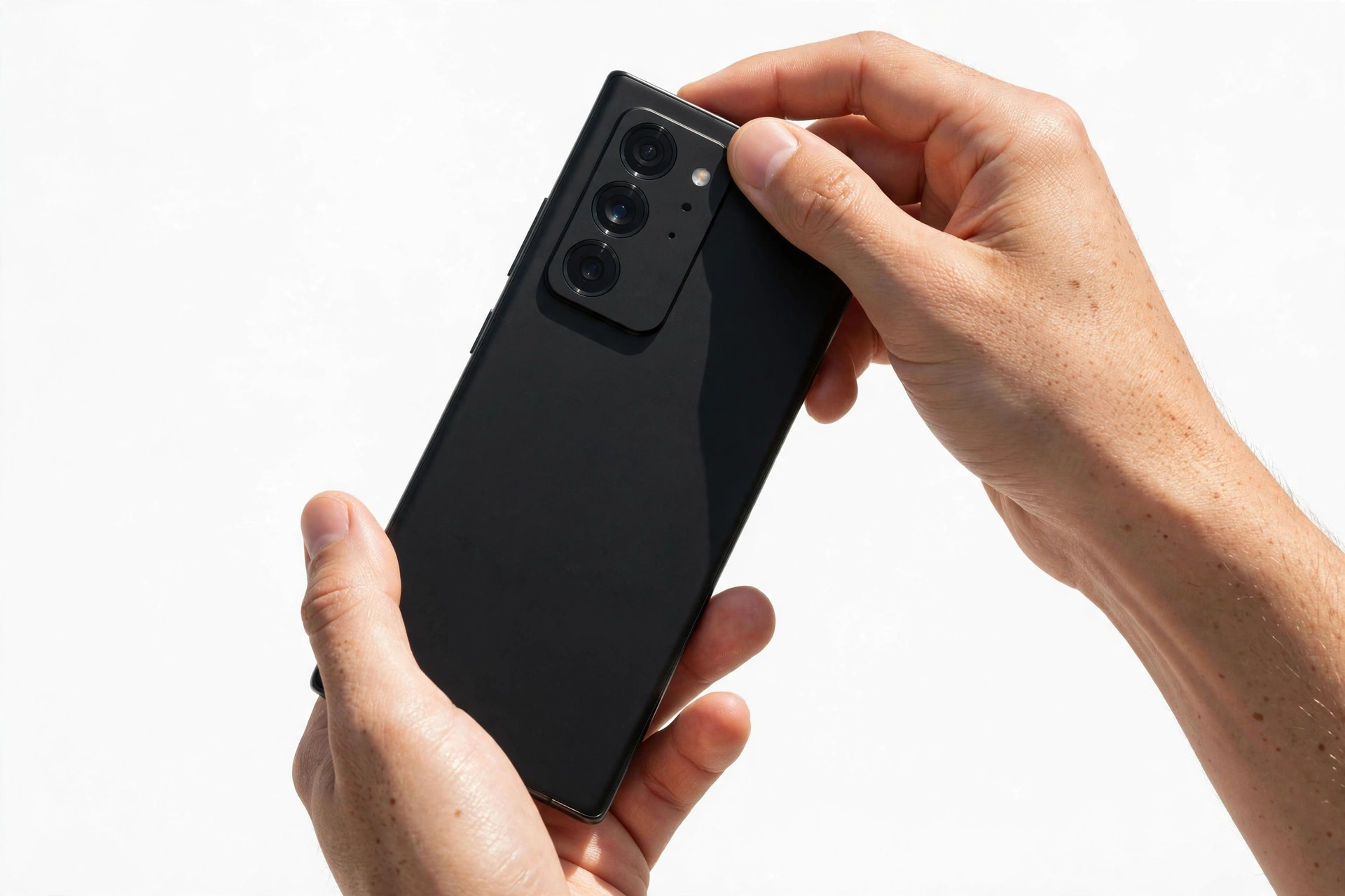 Hands carefully examining a smartphone to check if it is original