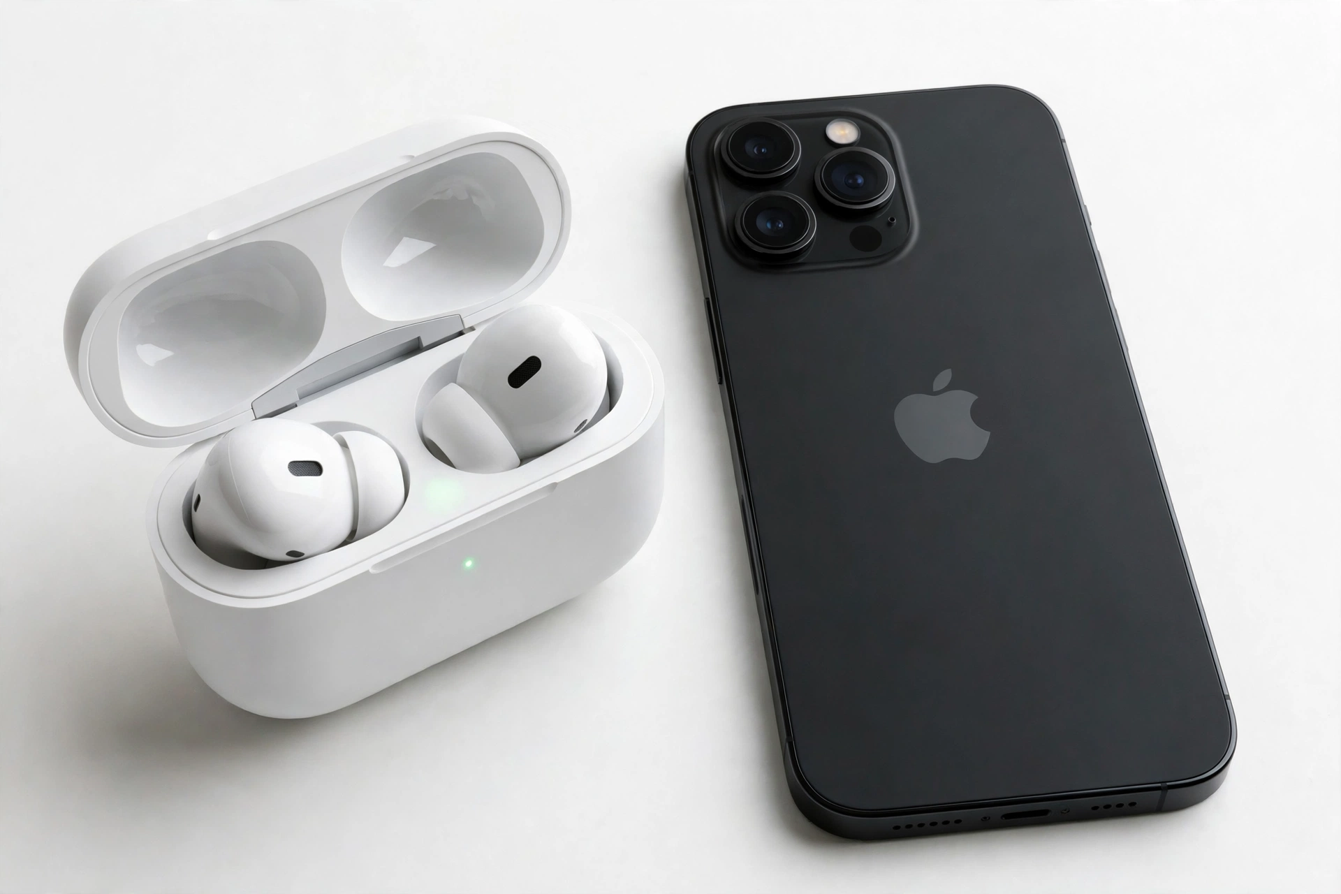 Wireless earbuds in charging case next to an iPhone