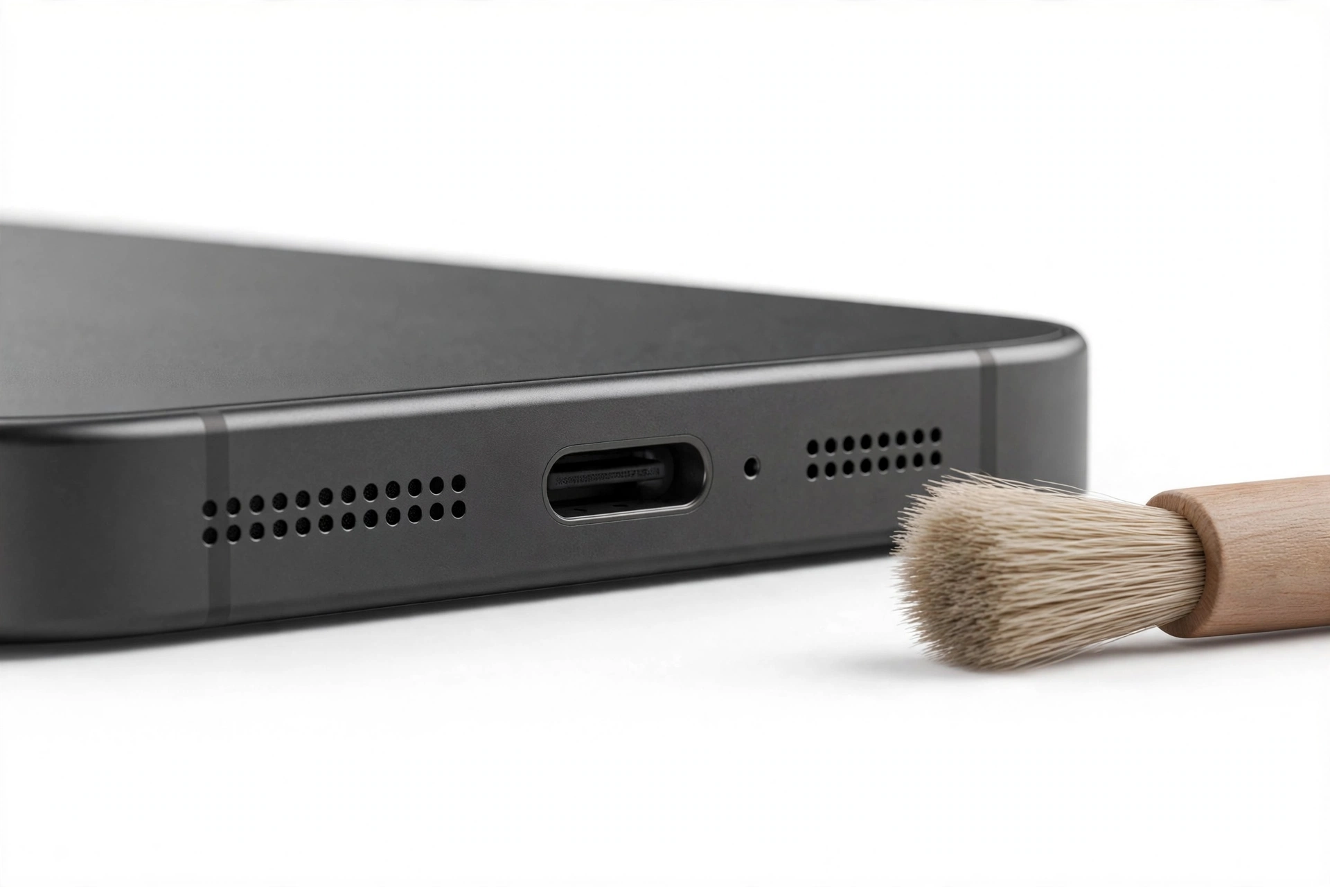 Smartphone speaker grille close-up with a soft cleaning brush