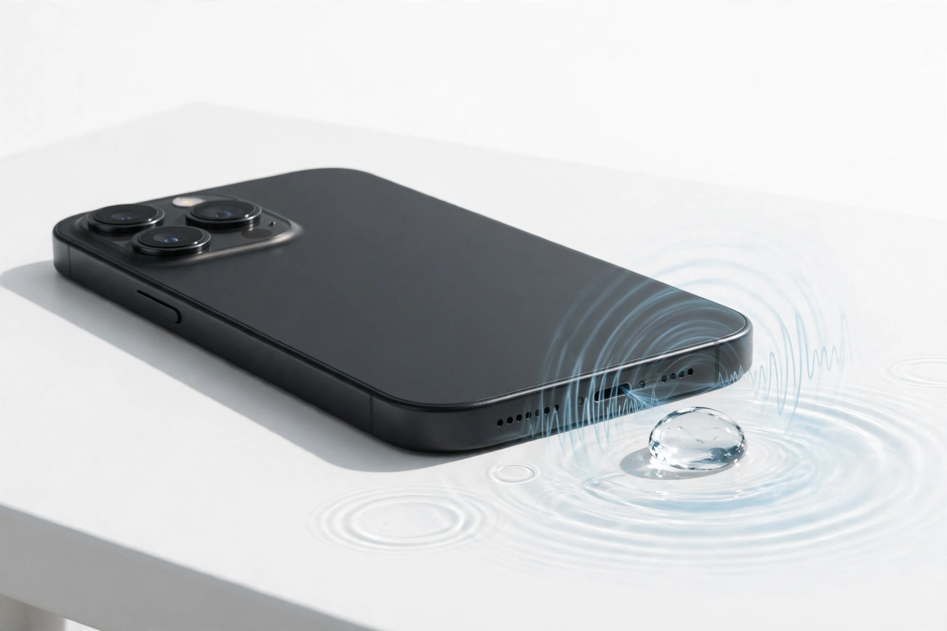 Smartphone speaker with a water droplet nearby, muffled sound concept
