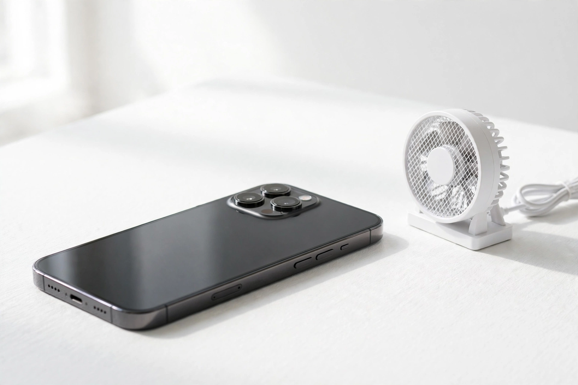 Phone cooling down on a white surface with a small fan
