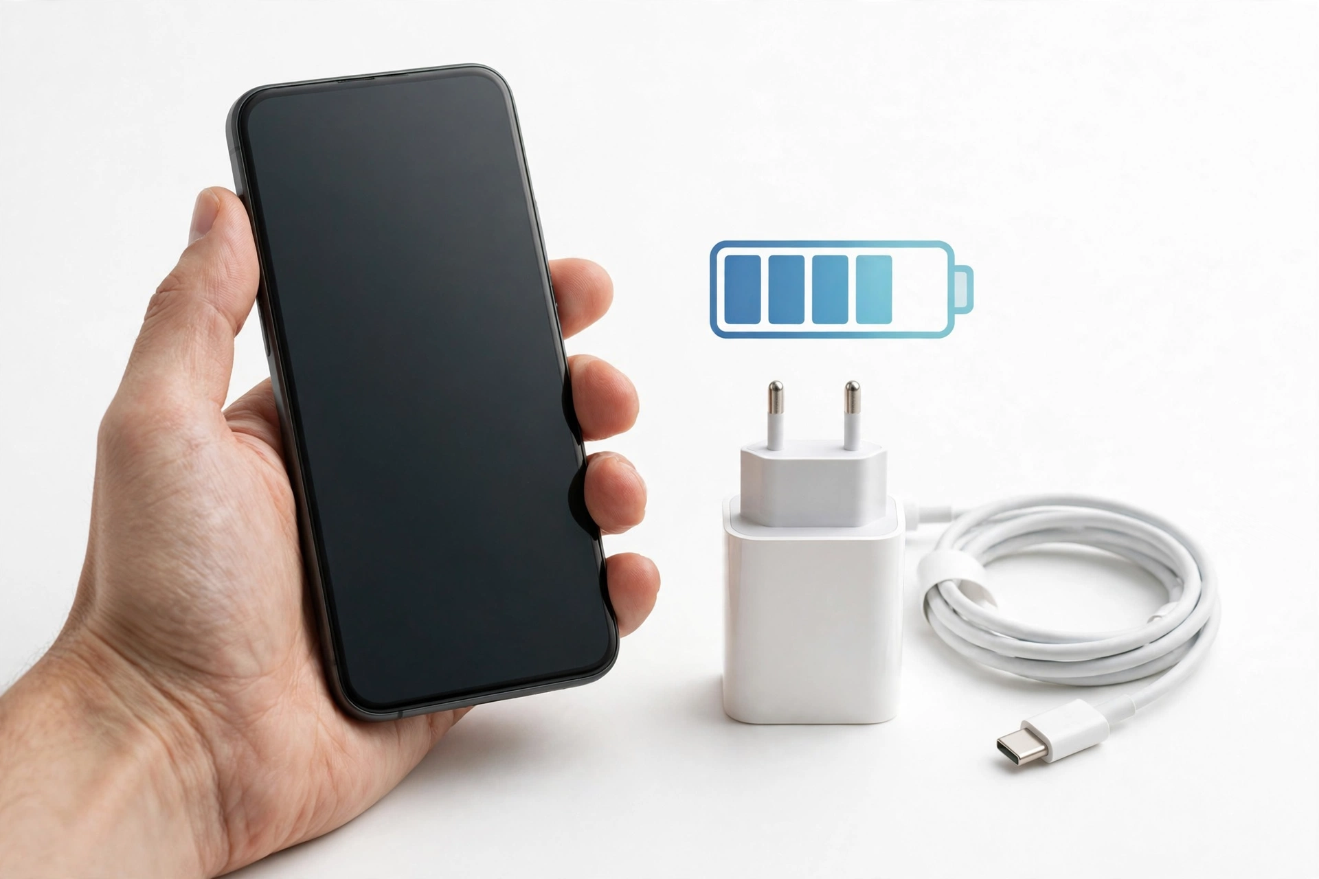 Hand holding a smartphone with a charger nearby
