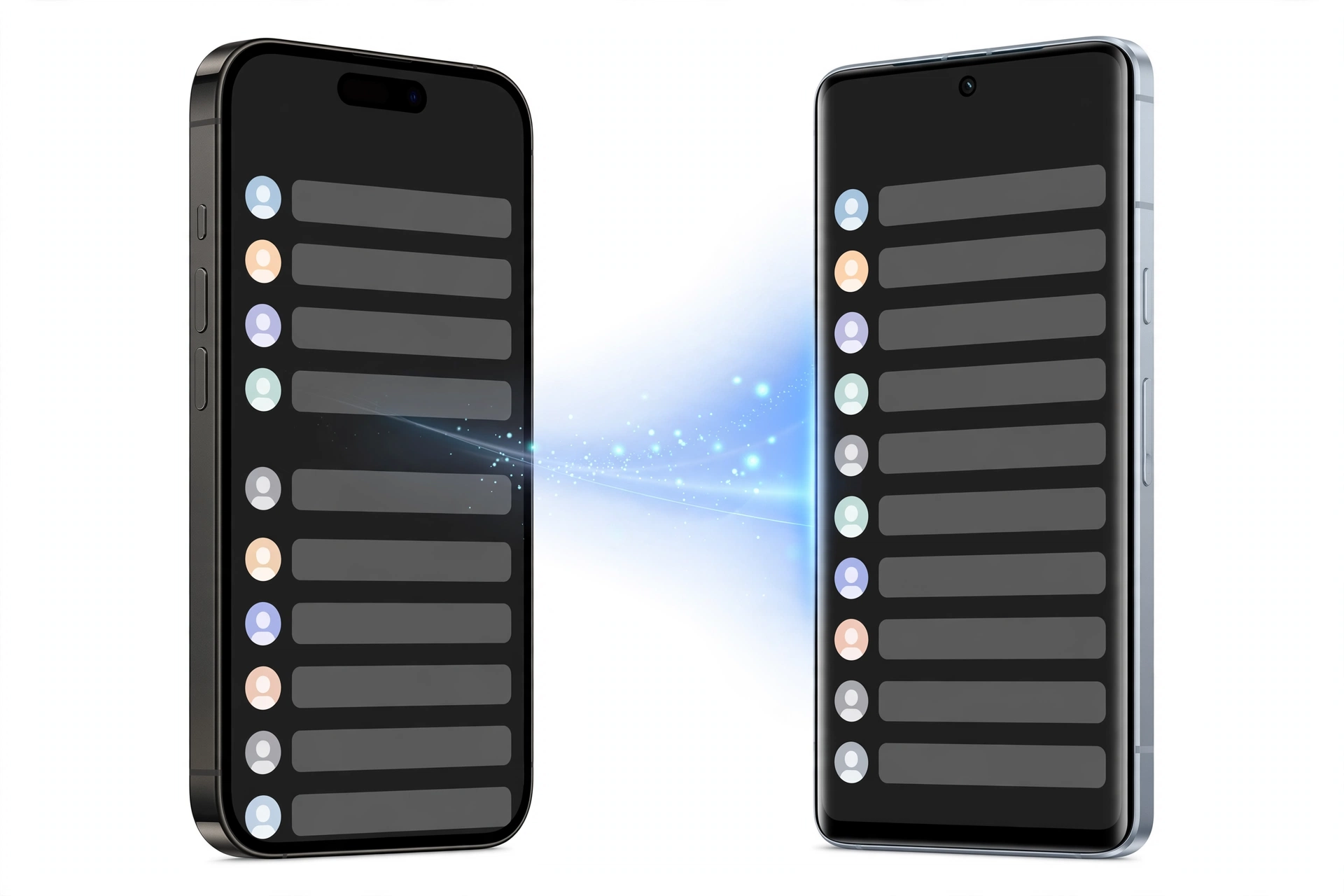 Two smartphones transferring contacts between iPhone and Android