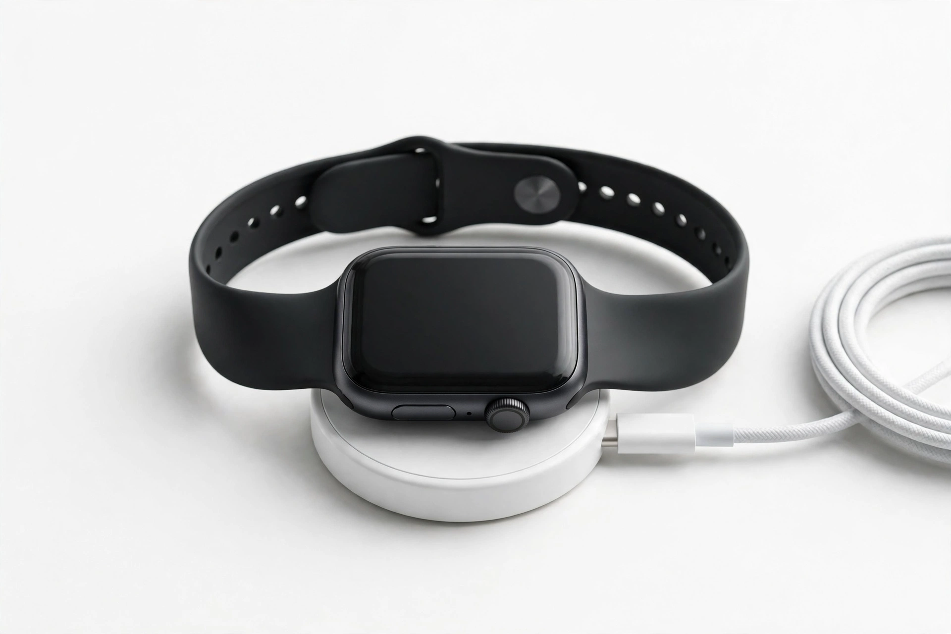 Smartwatch resting on a magnetic charging puck