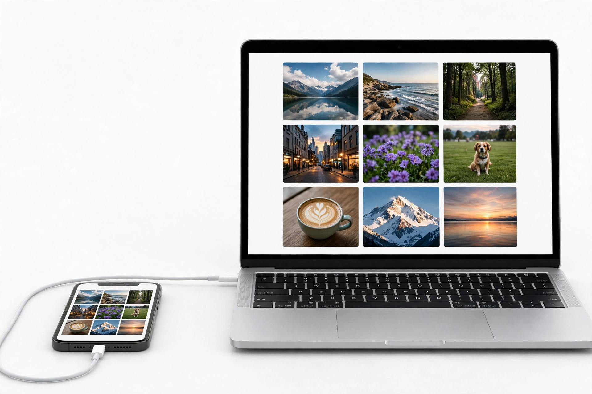 iPhone connected to a MacBook backing up photos