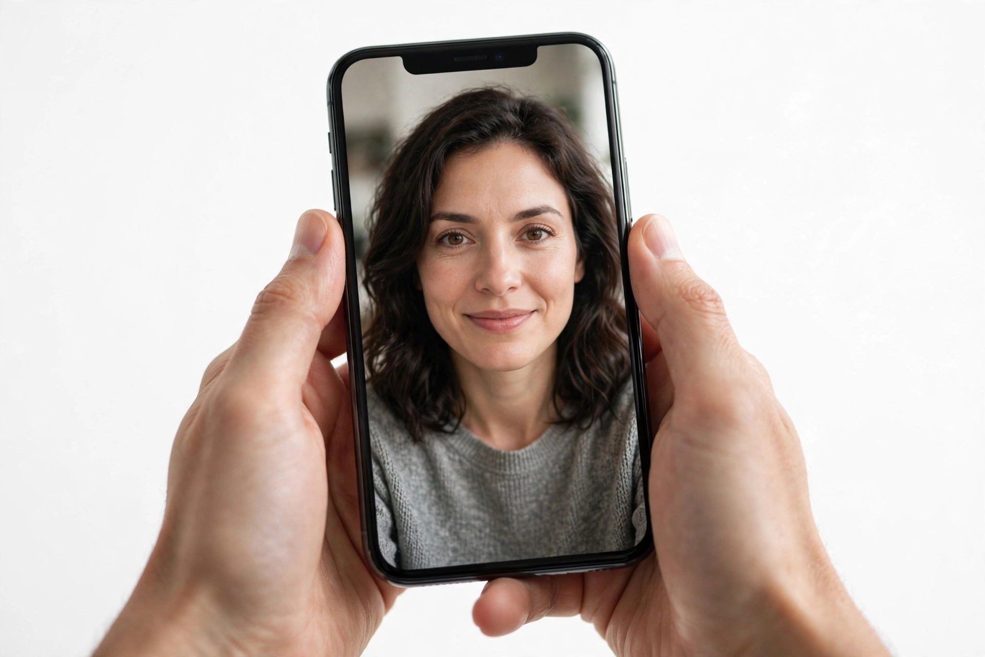 Hands holding a phone during a FaceTime video call