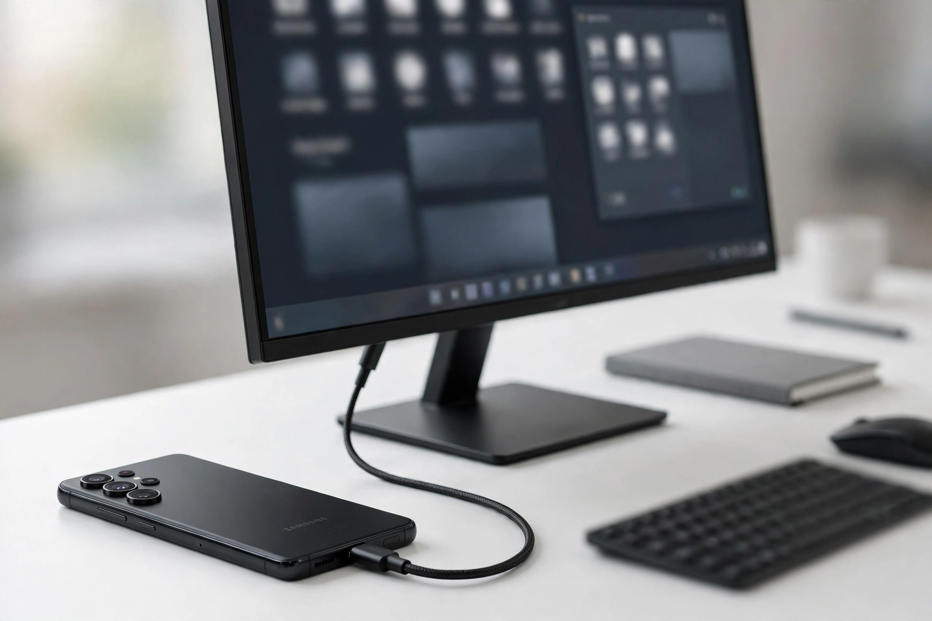Phone connected to a desktop monitor in desktop mode