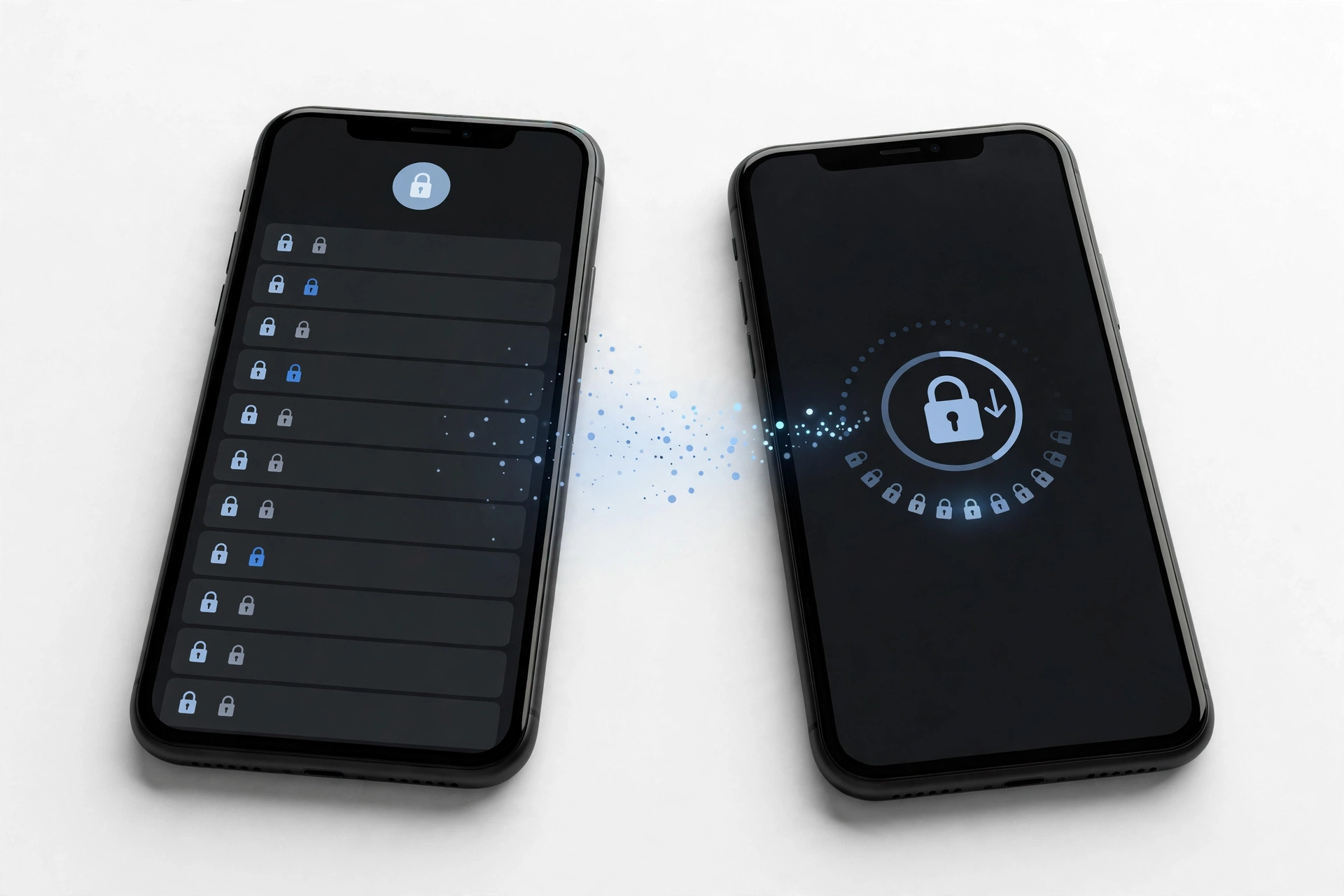 Two smartphones transferring passwords with a password manager app